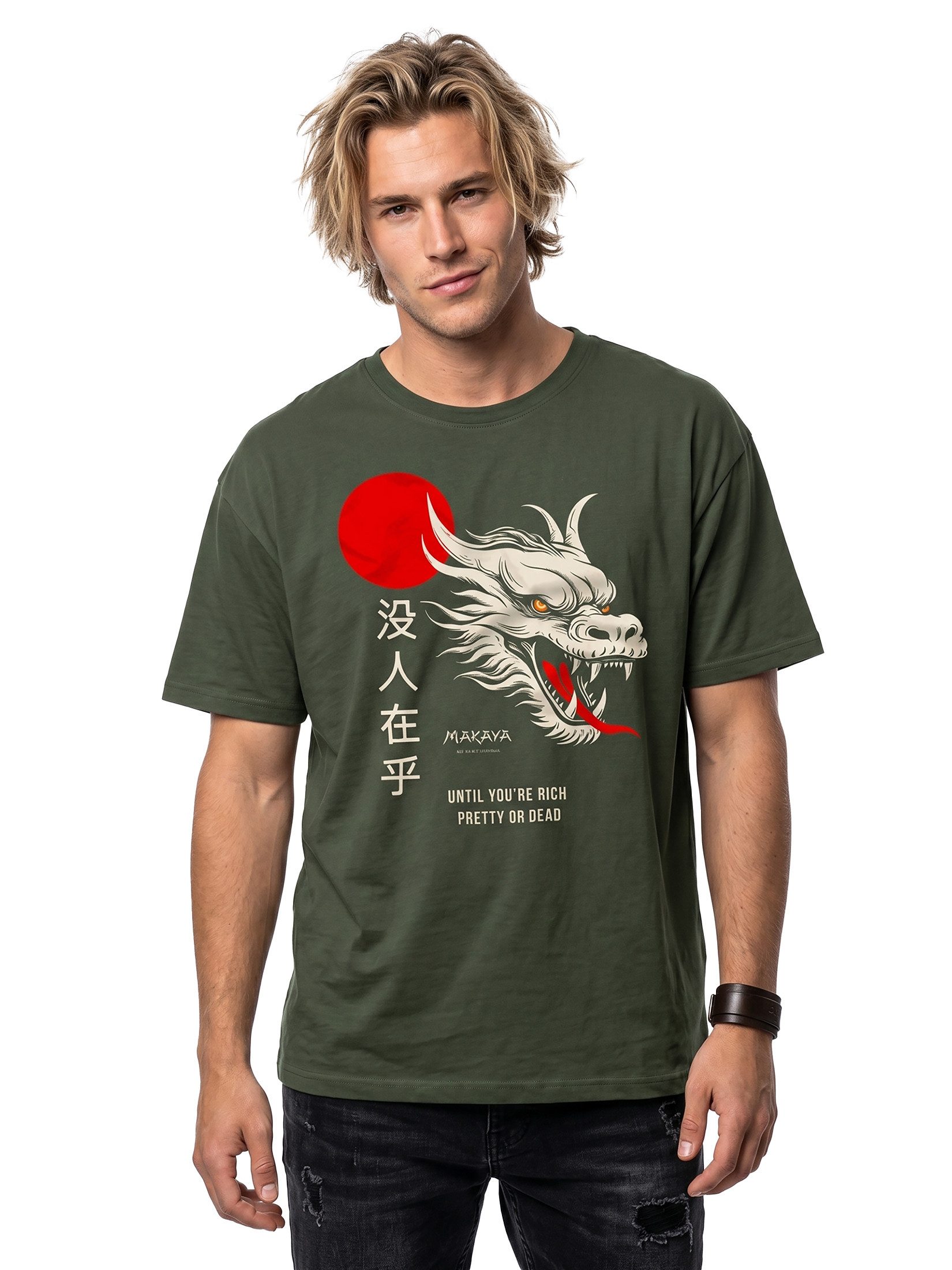 MAKAYA Print-Shirt mit Chinesischen Drachen Spruch Nobody Cares Dragon Schriftzeichen Coole Geschenke