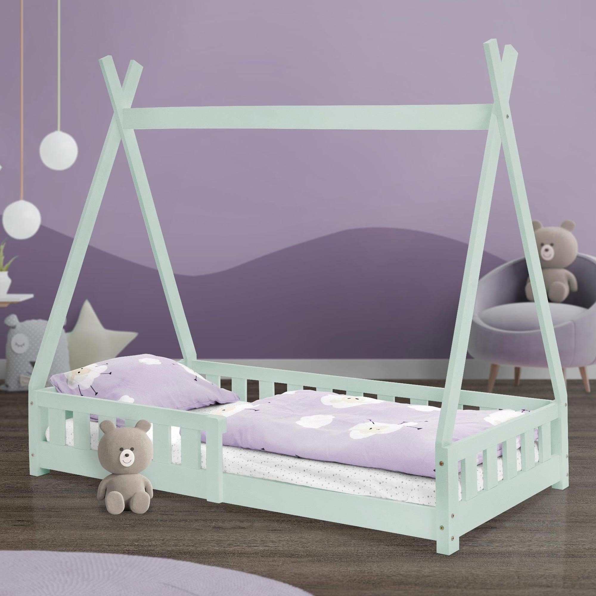 ML-DESIGN Bett Kinderbett mit Rausfallschutz und Lattenrost 80x160 cm Minze  aus Kiefernholz ML-Design
