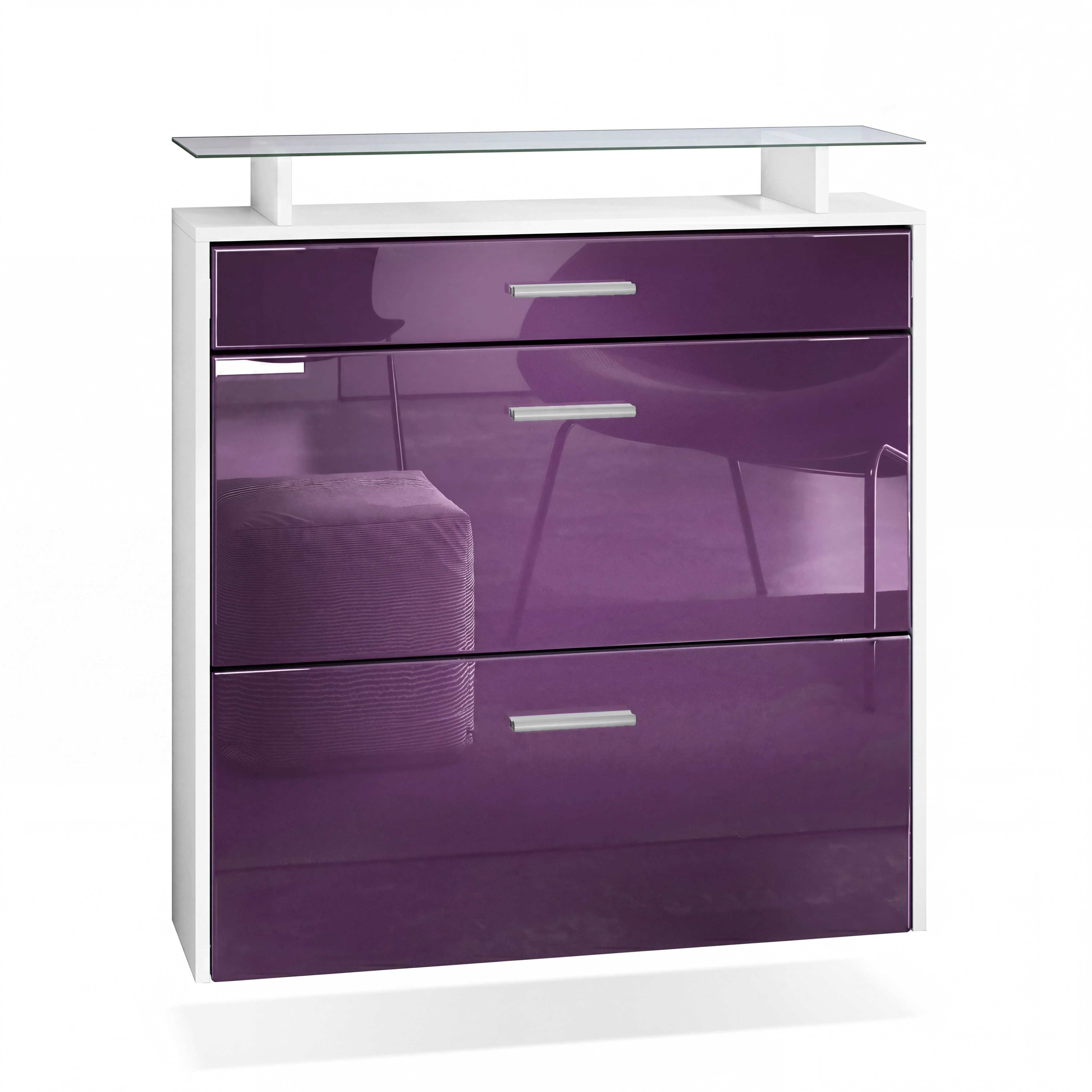 Vladon Schuhschrank Malea (hängender Schuhkipper für 16 Paar Schuhe, mit 2 Klappen und 1 Schublade und Glasablage) Weiß matt/Brombeer Hochglanz (89 x 96 x 23 cm)