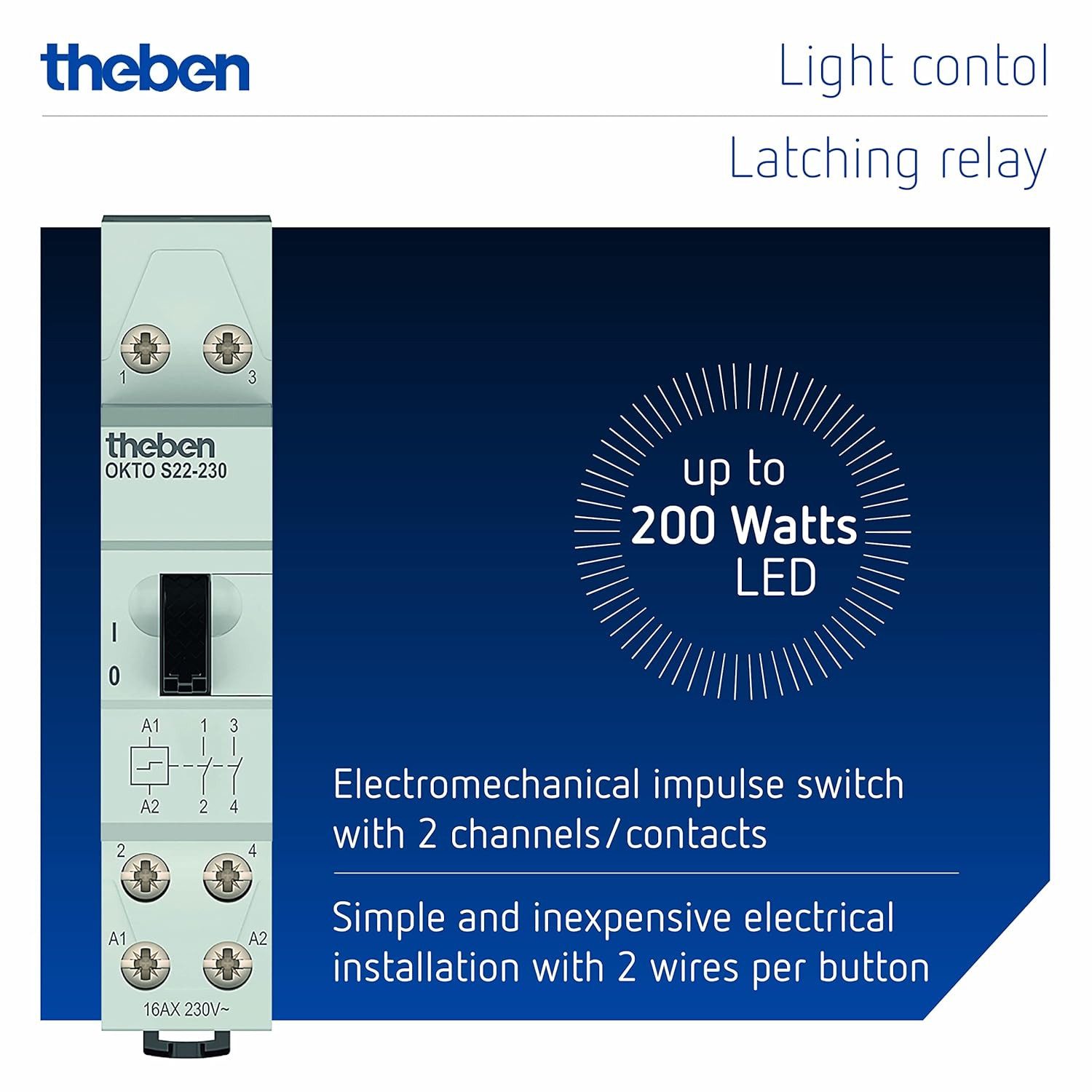 theben Stromstoßschalter OKTO S22-230 3120122 Stromstoßrelais, elektromechanisch, 2 Schließer, Lichtsteuerung, 200 W LED, Hutschiene