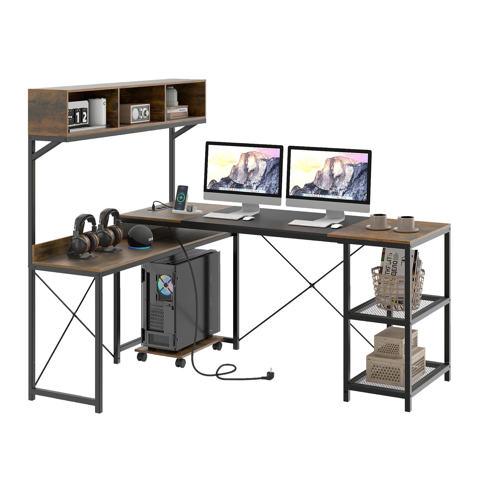 COSTWAY Eckschreibtisch, mit Aufbewahrungshutsch, Fächern, Regalen & CPU-Halterung