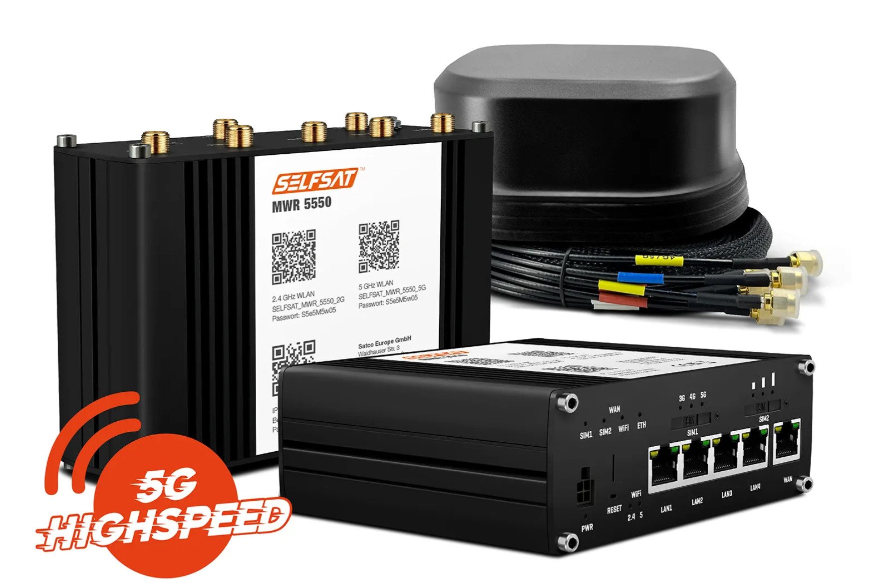 Selfsat MWR 5550 5G Cat 20 WLAN Router bis 3,3 Gbps + SATCO 5G Antenne Mobilfunkantenne