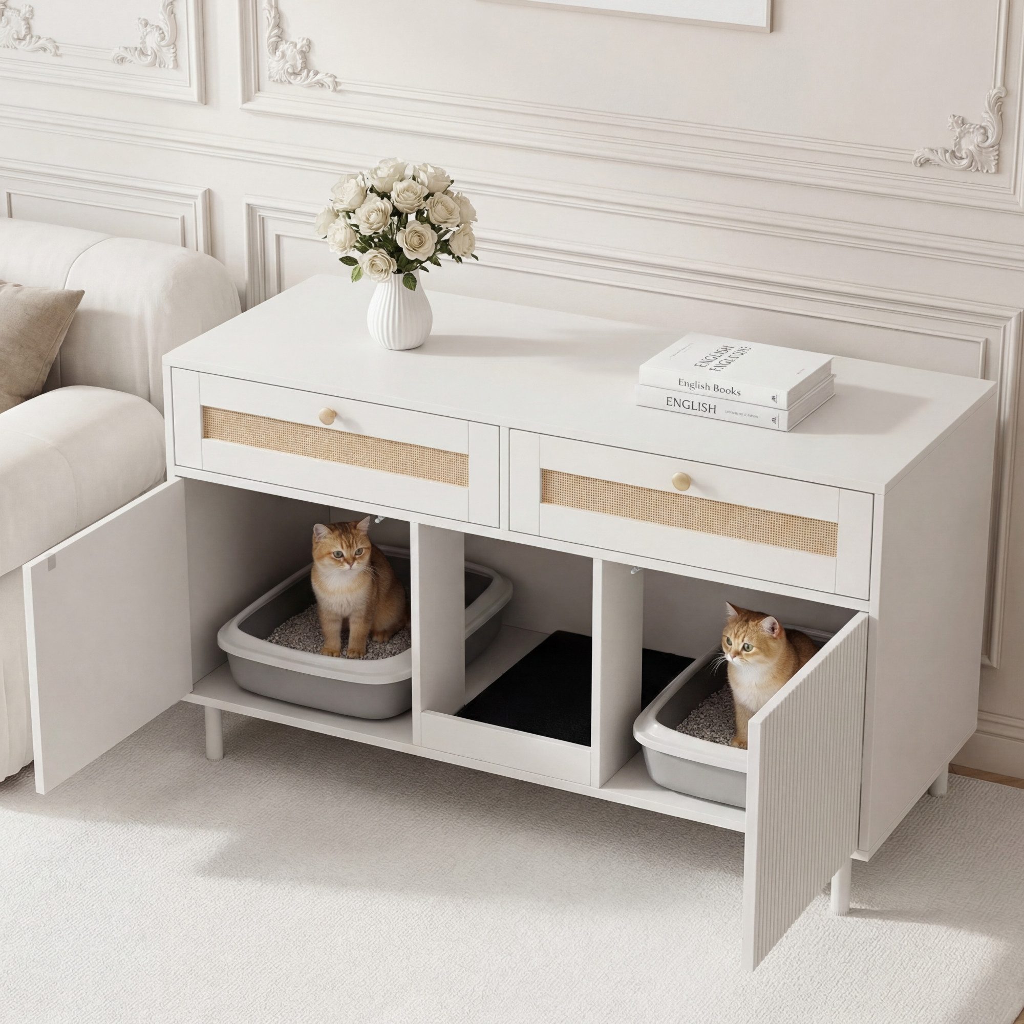 Flieks Mehrzweckschrank Katzentoilettenschrank mit Katzenstreufangmatte und Rattan-Schubladen (1-St., 120x50x65 cm) Katzenstreuwanne-Schrank Tierhaus Sideboard Weiß