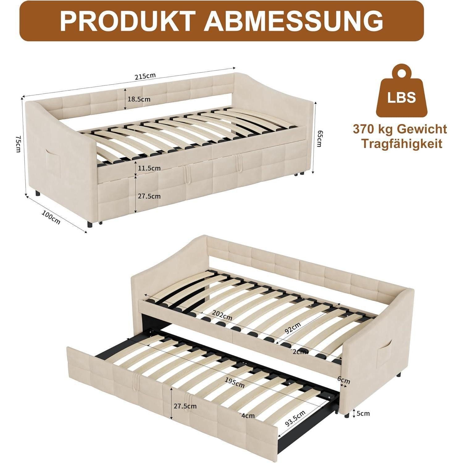 LuxusKollektion Schlafsofa Doppelschlafsofa Ausziehbar Nido Tagesbett 2 Beige-b 90 180x200cm