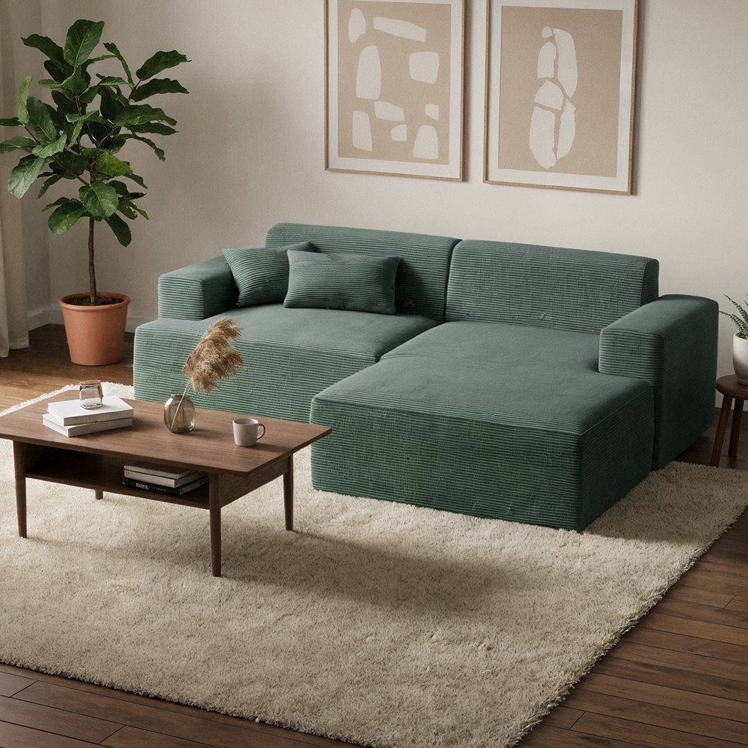 skølm Sofa Freki aus Cord, Vollschaumcouch mit Federkern und Vakuum-Kompression, Dunkelgrün, Couch 3 Sitzer inkl. Hocker und 2 Kissen, kein Aufbau erforderlich