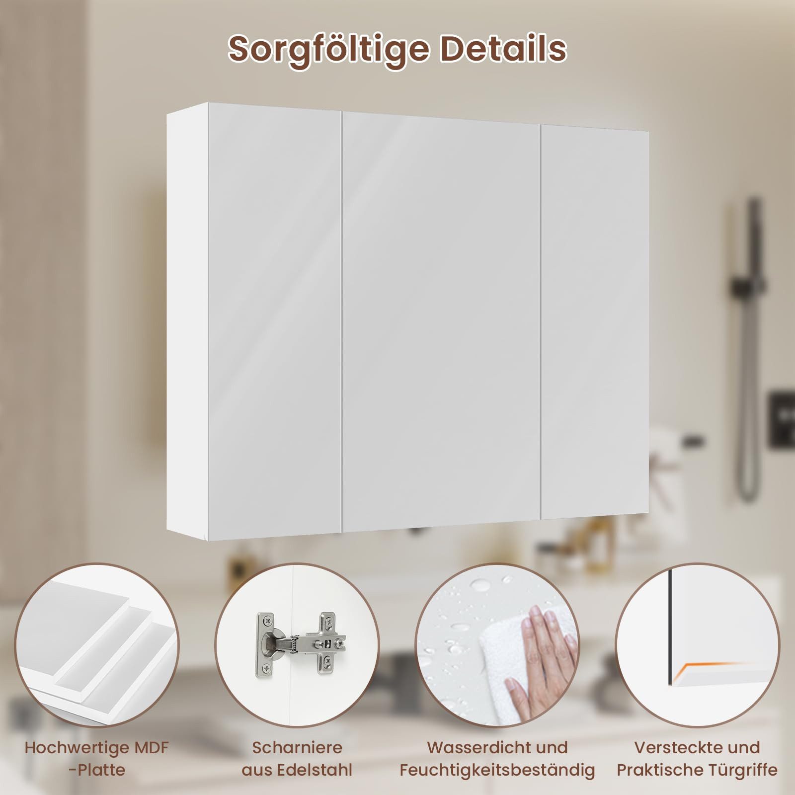 MSMASK Spiegelschrank Badschrank mit Spiegel und Verstellbarem Regal, Weiß 16T x 70B x 60H cm – Bild 4 von 5