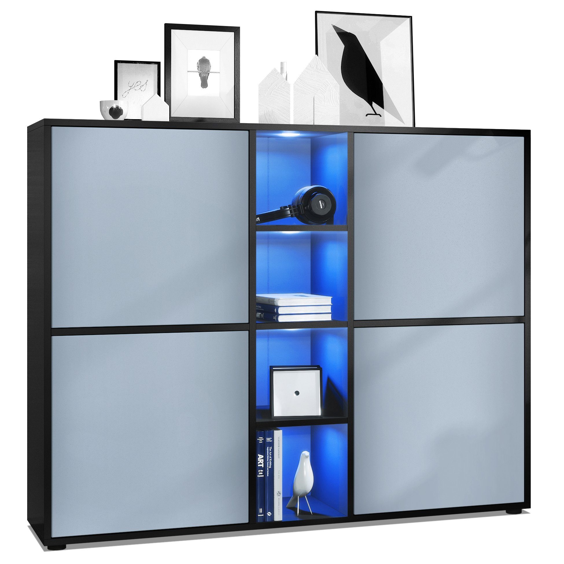 Vladon Highboard Cuba V3 (Highboard, mit 12 Fächern, inkl. RGB LED Beleuchtung), Korpus in Schwarz matt / Fronten in Denim matt (130,5x105,5x35,5 cm)