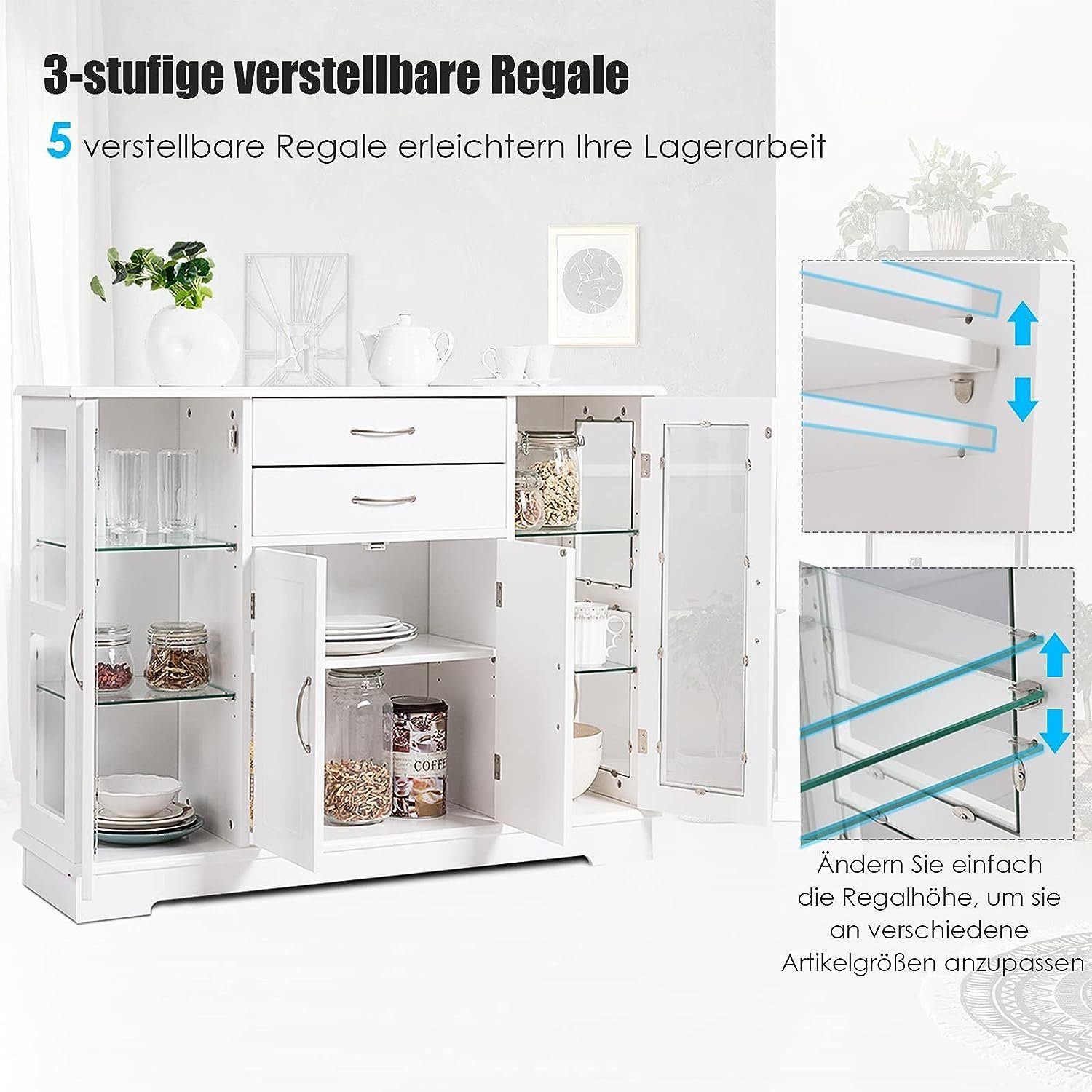 KOMFOTTEU Sideboard Küchenschrank, mit Glastüren und 2 Schubladen