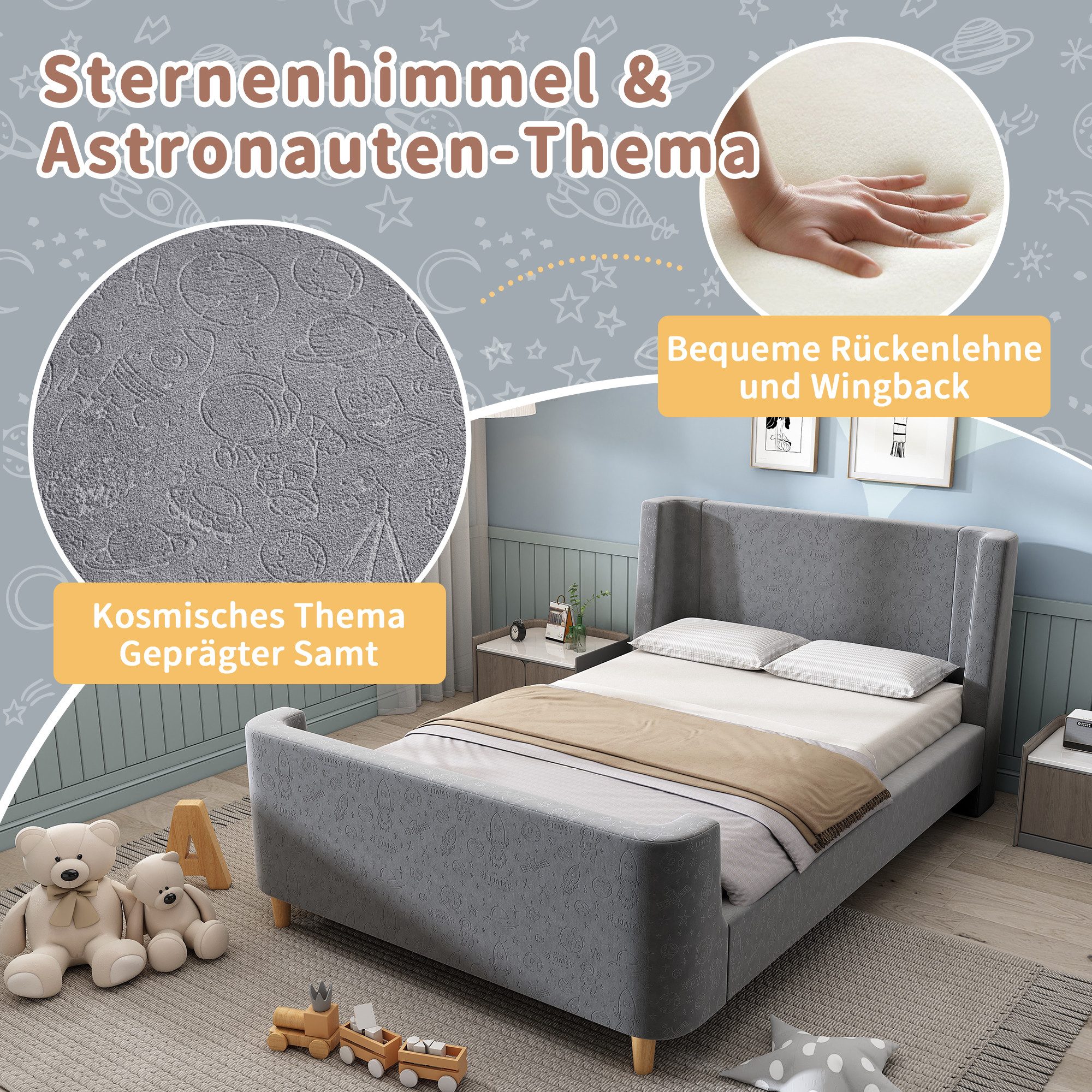 BlingBin Einzelbett (1-tlg., Kinderbett Polsterbett 90 x 200 cm mit kosmischem Muster), Für Jungen & Mädchen, Samt (Ohne Matratze)