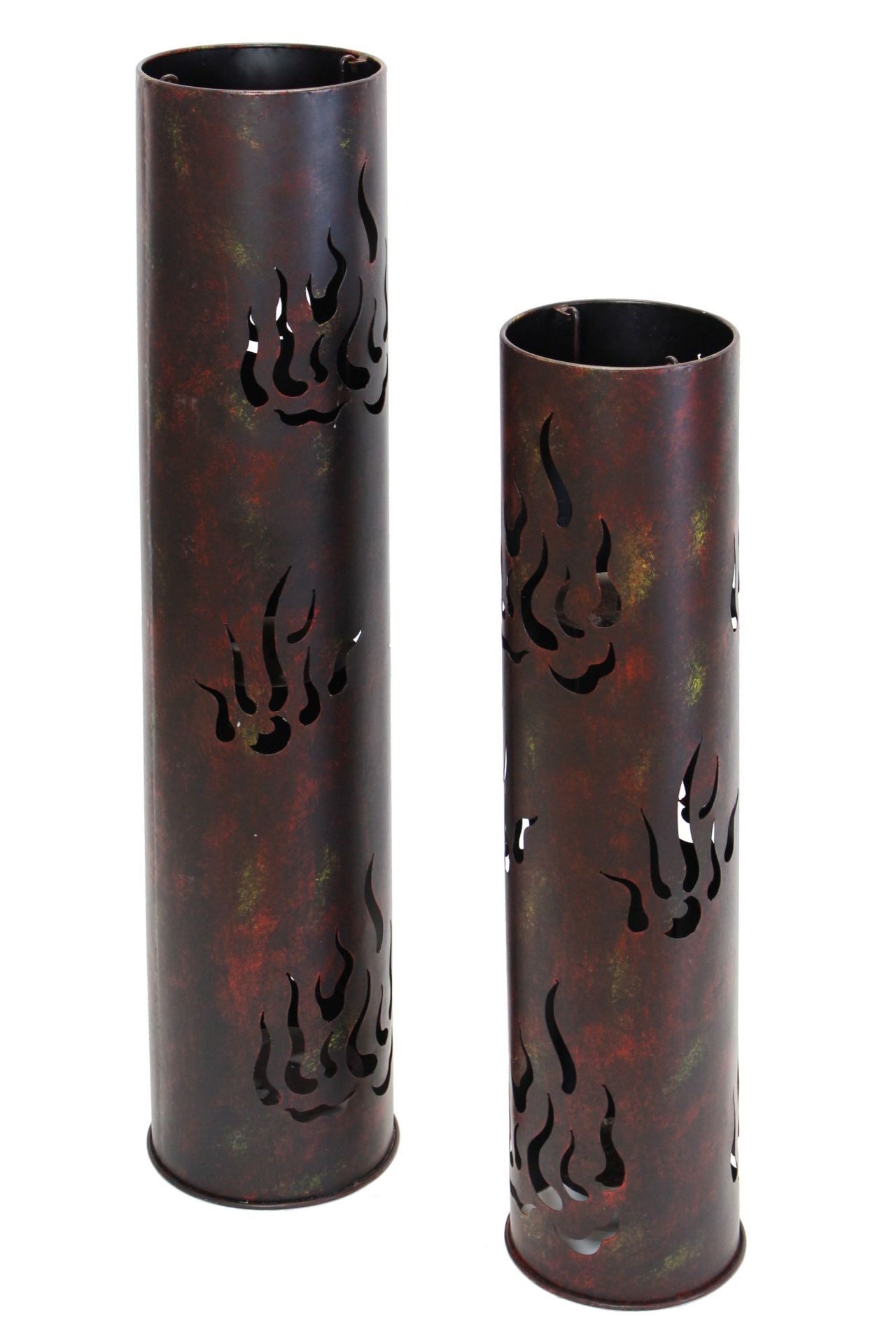 Dekoleidenschaft Bodenwindlicht "Flammen" Windlichtsäule aus Metall in Antik Optik, Outdoor Windlicht (2 St., im Set), 80 + 99 cm hoch, Kerzenständer groß, Dekosäule mit Kerzenhalter