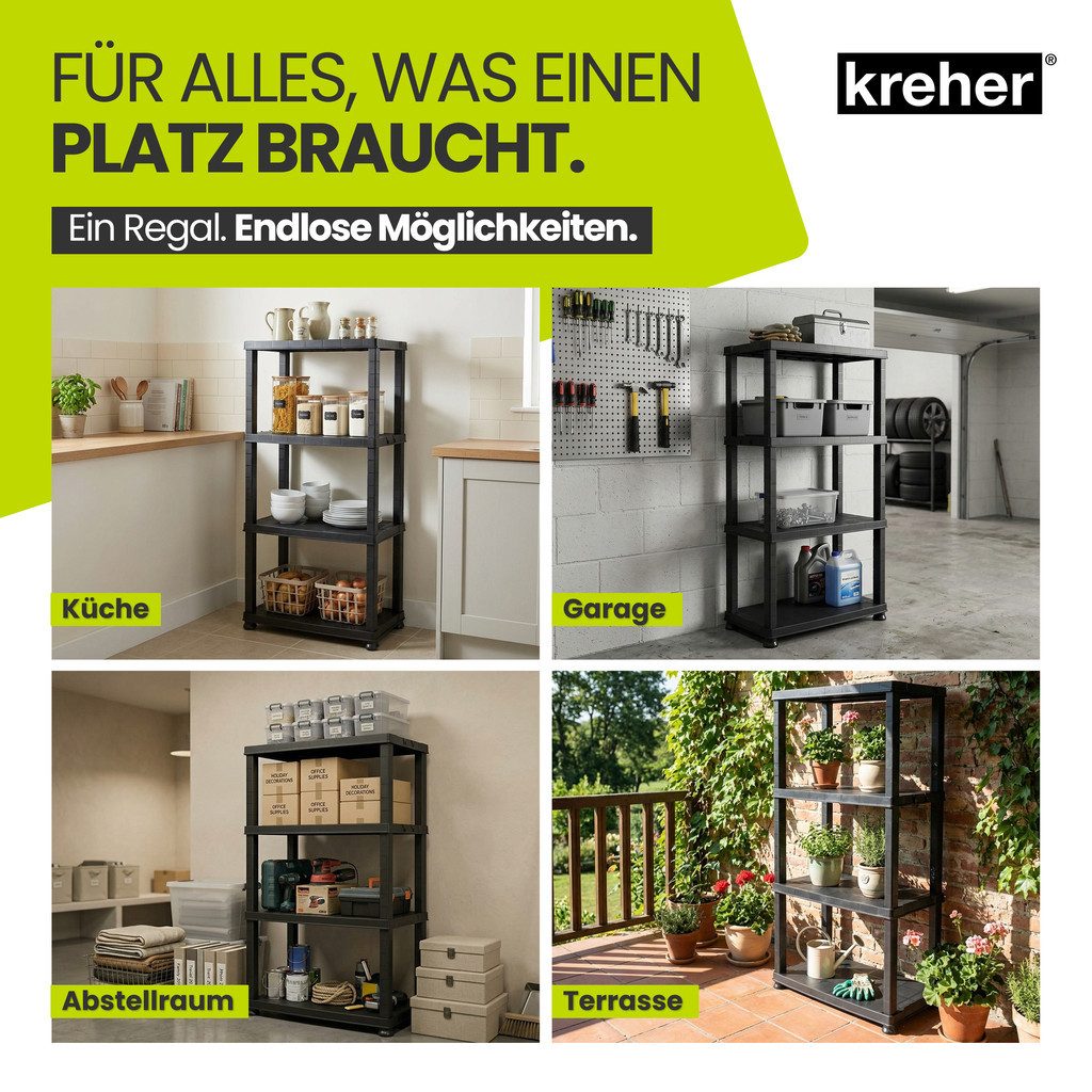 Kreher Standregal Kunststoffregal 'Neo' 12" mit 4 Böden in Schwarz (Set wählbar), 1-tlg.