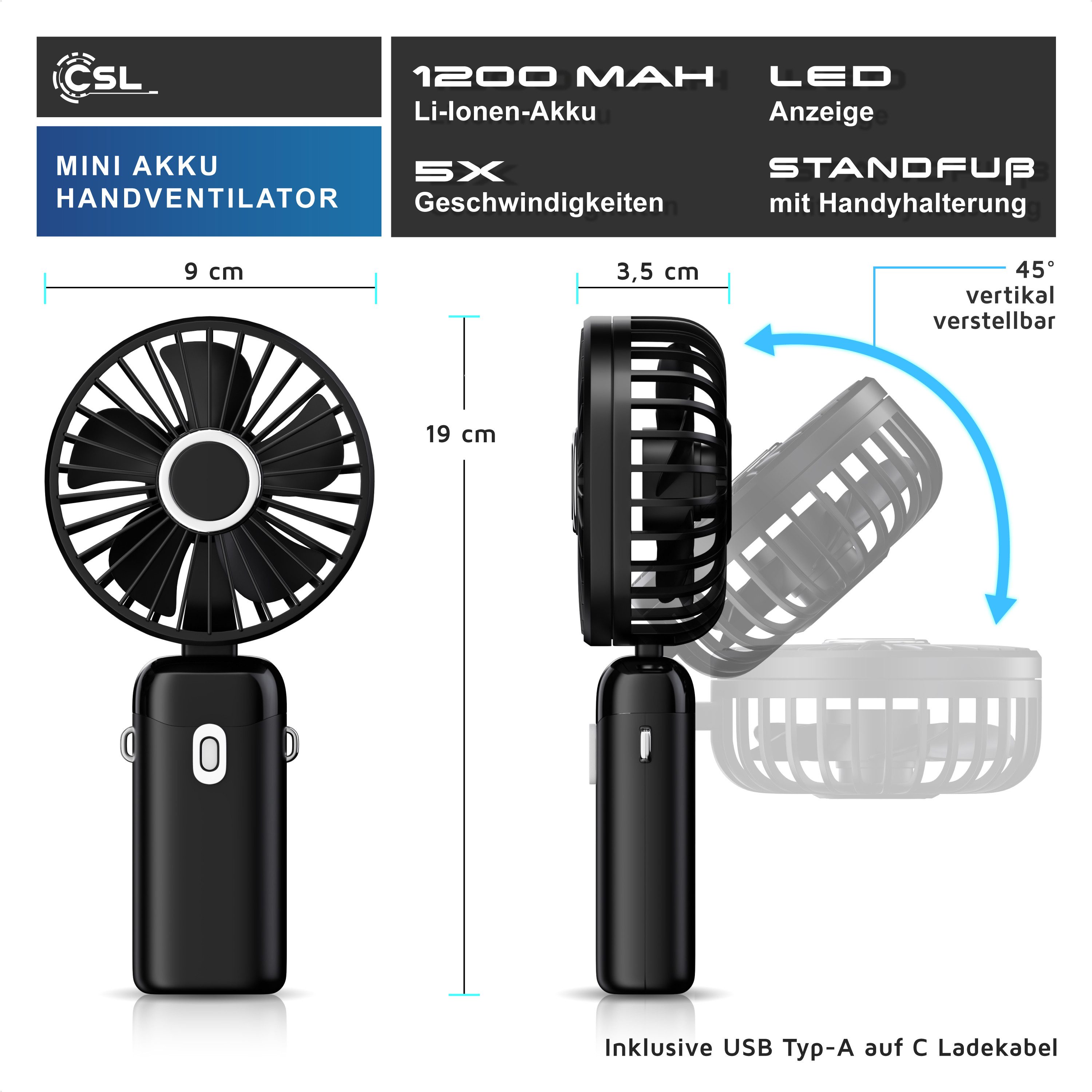 CSL Akku-Ventilator USB‑Mini‑Ventilator mit Akku, Standfuß & Geschwindigkei günstig online kaufen