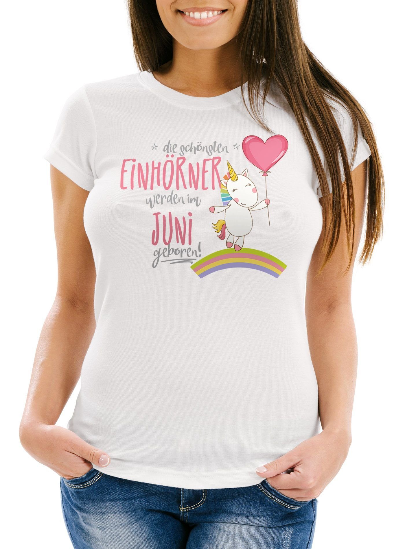 MoonWorks mit im die Einhörner schönsten weiß Fit Juni Geburtstag Geschenk Damen Print-Shirt Print geboren Moonworks® T-Shirt werden Slim