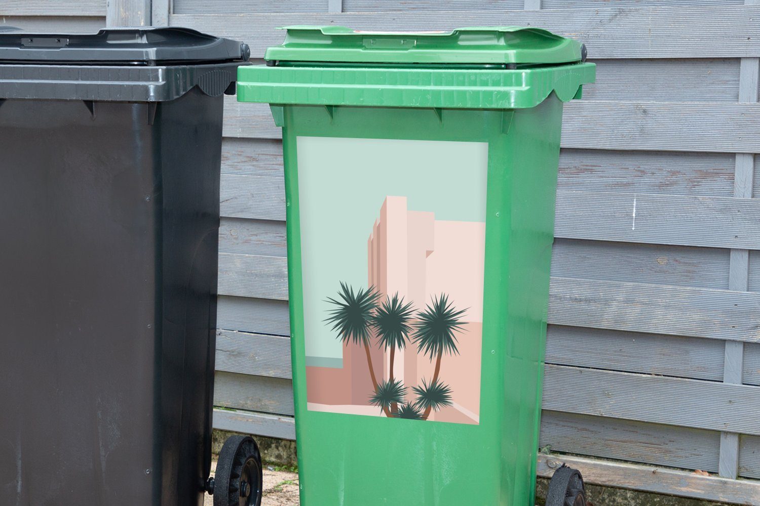 MuchoWow Wandsticker Sommer Mülleimer-aufkleber, St), - Palmen Architektur Abfalbehälter Container, Sticker, (1 Mülltonne, 