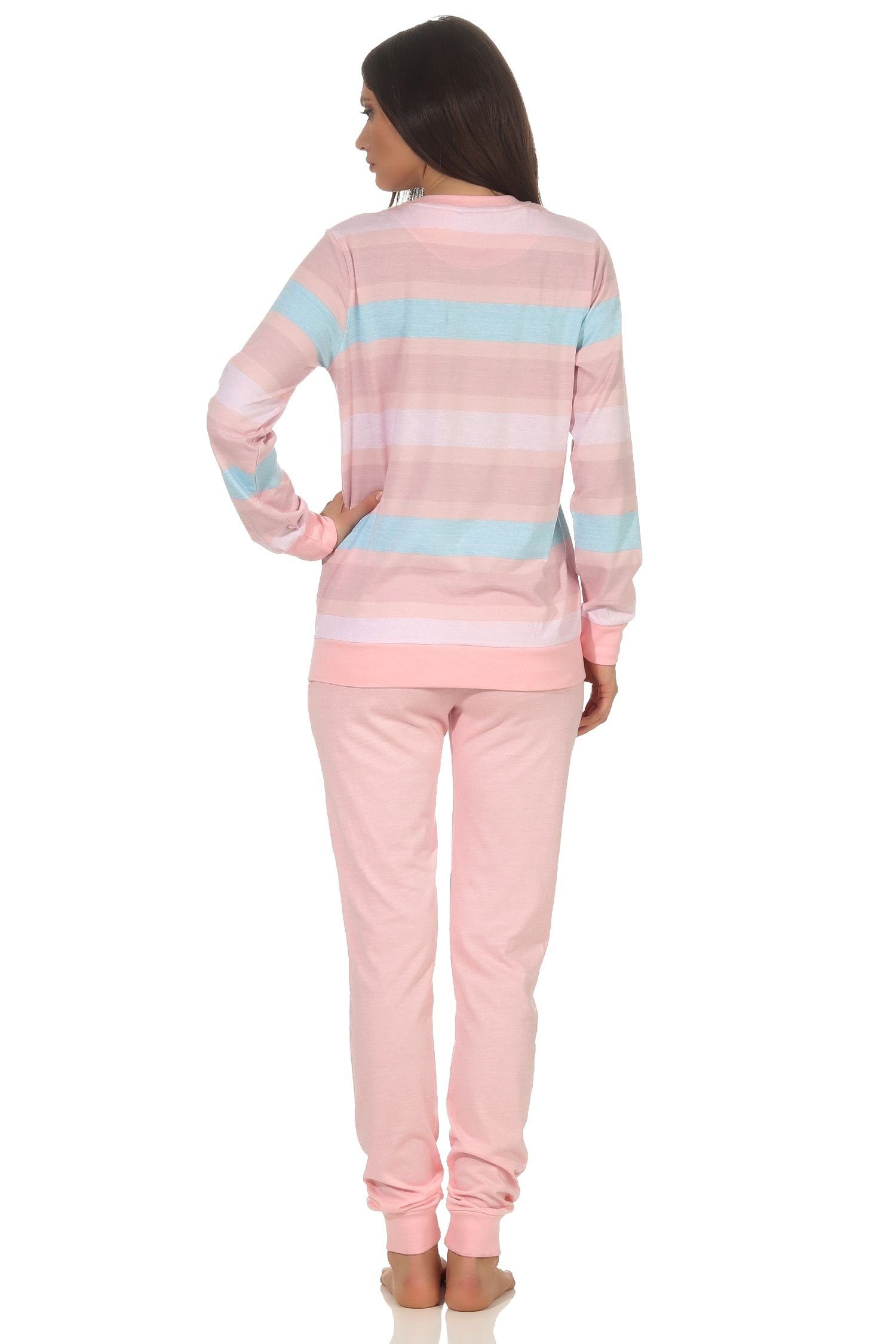 Normann Pyjama Damen Pyjama mit gestreiften rosa Schlafanzug langarm Top Bündchen und