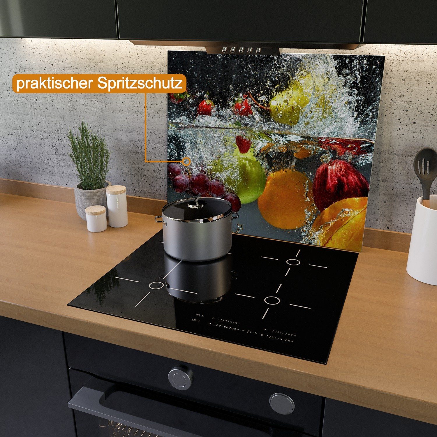 Wallario Herd-Abdeckplatte Früchte im und unter Wasser - Splashing Fruits, ESG-Sicherheitsglas, (Glasplatte, 1 tlg., inkl. 5mm Noppen), verschiedene Größen – Bild 3 von 5