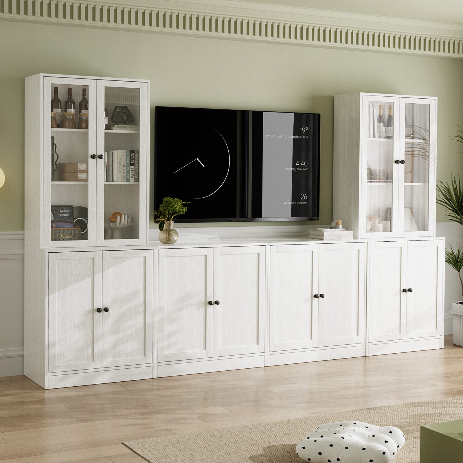 VOWNER TV-Schrank mit Bücherregalen für Fernseher bis zu 70 Zoll, 280 cm TV-Ständer (4-St) Wohnzimmer-Fernsehschrank mit gehärteten Glastüren und Einlegeböden