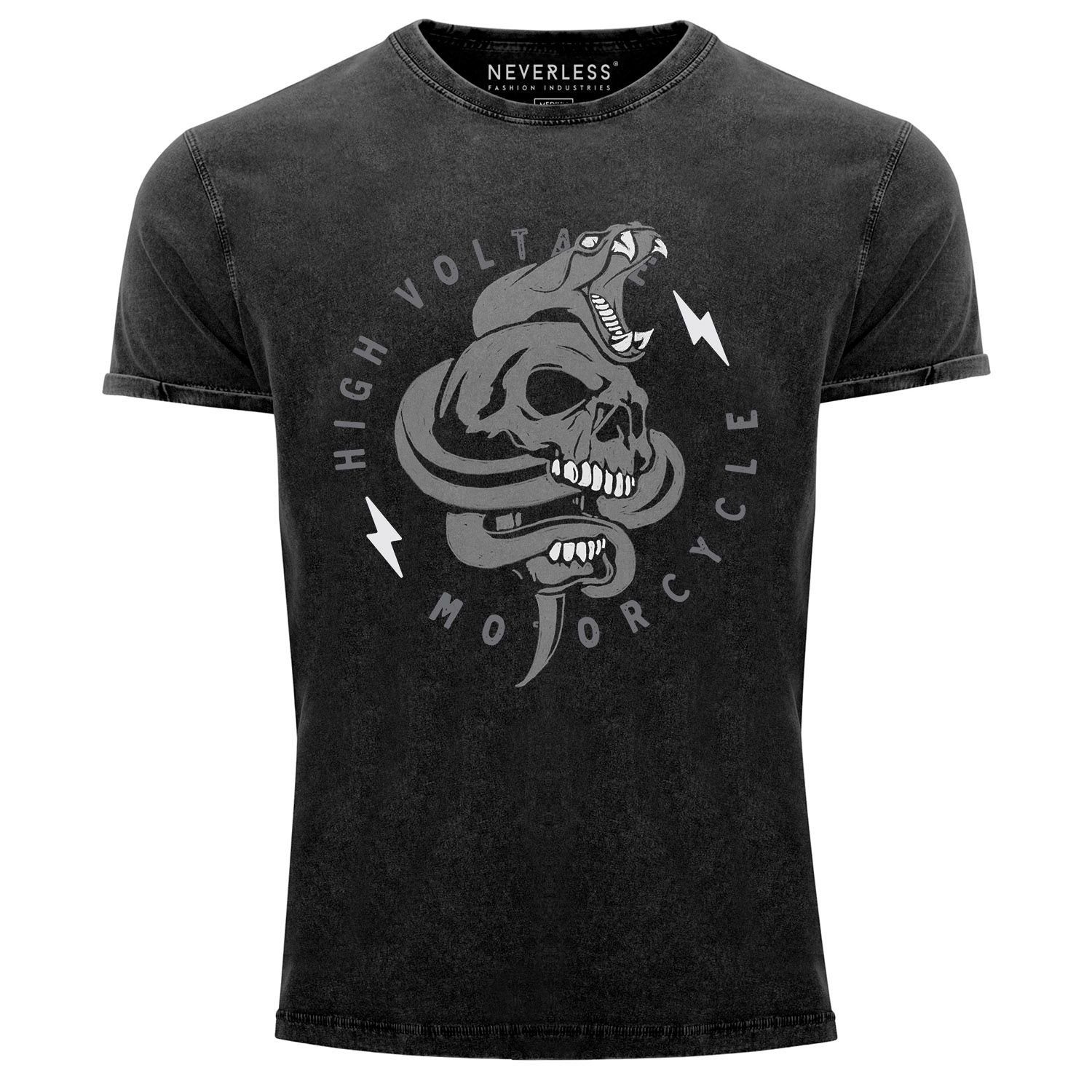 Neverless Print-Shirt Neverless® Herren T-Shirt Totenkopf Print Kobra Motiv High Voltage Motorcycle Schriftzug Rocker Biker Racing Design Used Look Slim Fit mit Print