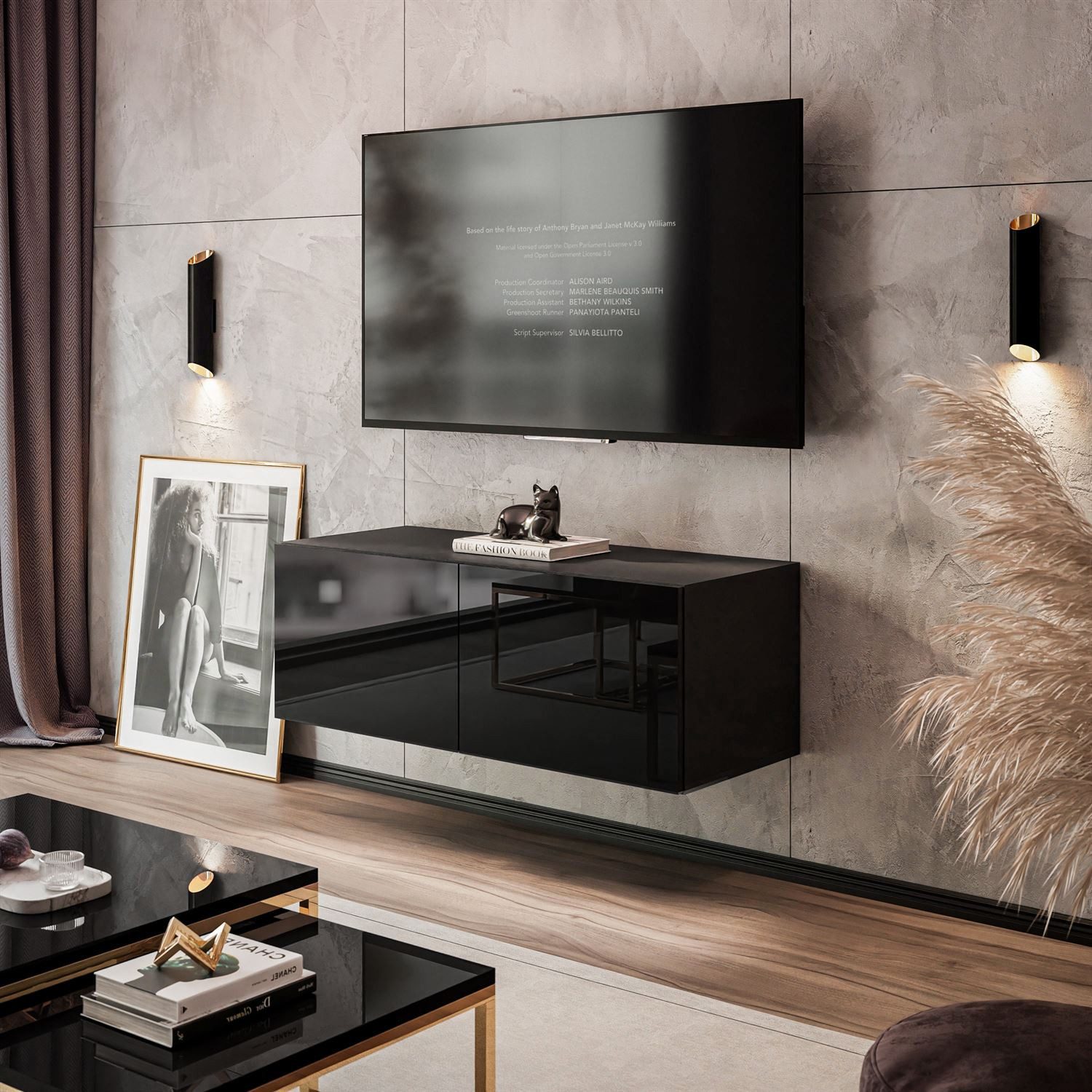 Lookway Lowboard COLGANTE 100 cm TV-Schrank in Schwarz-Hochglanz mit LED Beluchtung