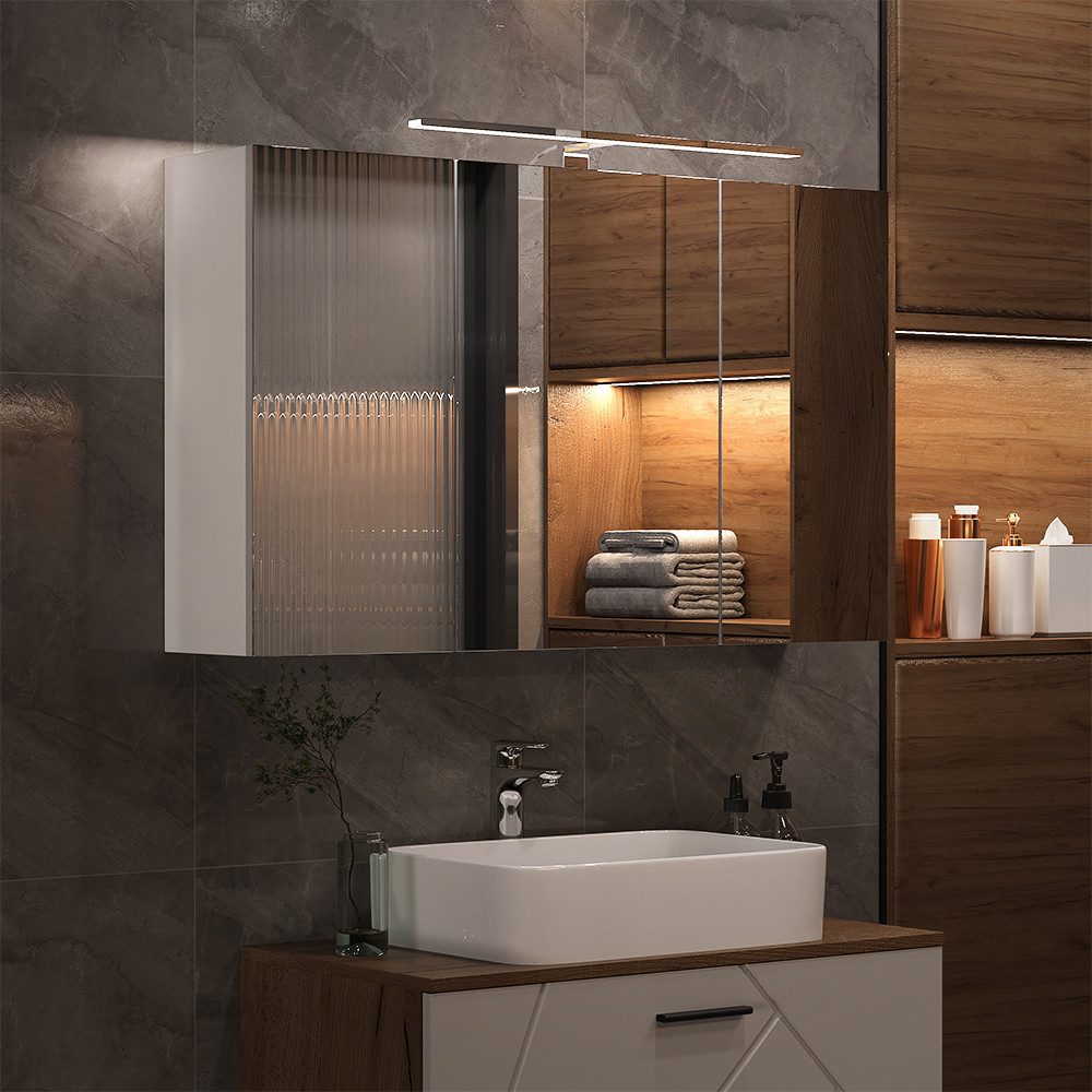 Vicco Badezimmerspiegelschrank Lavio, Weiß, 100 x 60 cm mit 3 Türen und LED-Beleuchtung (1-St)