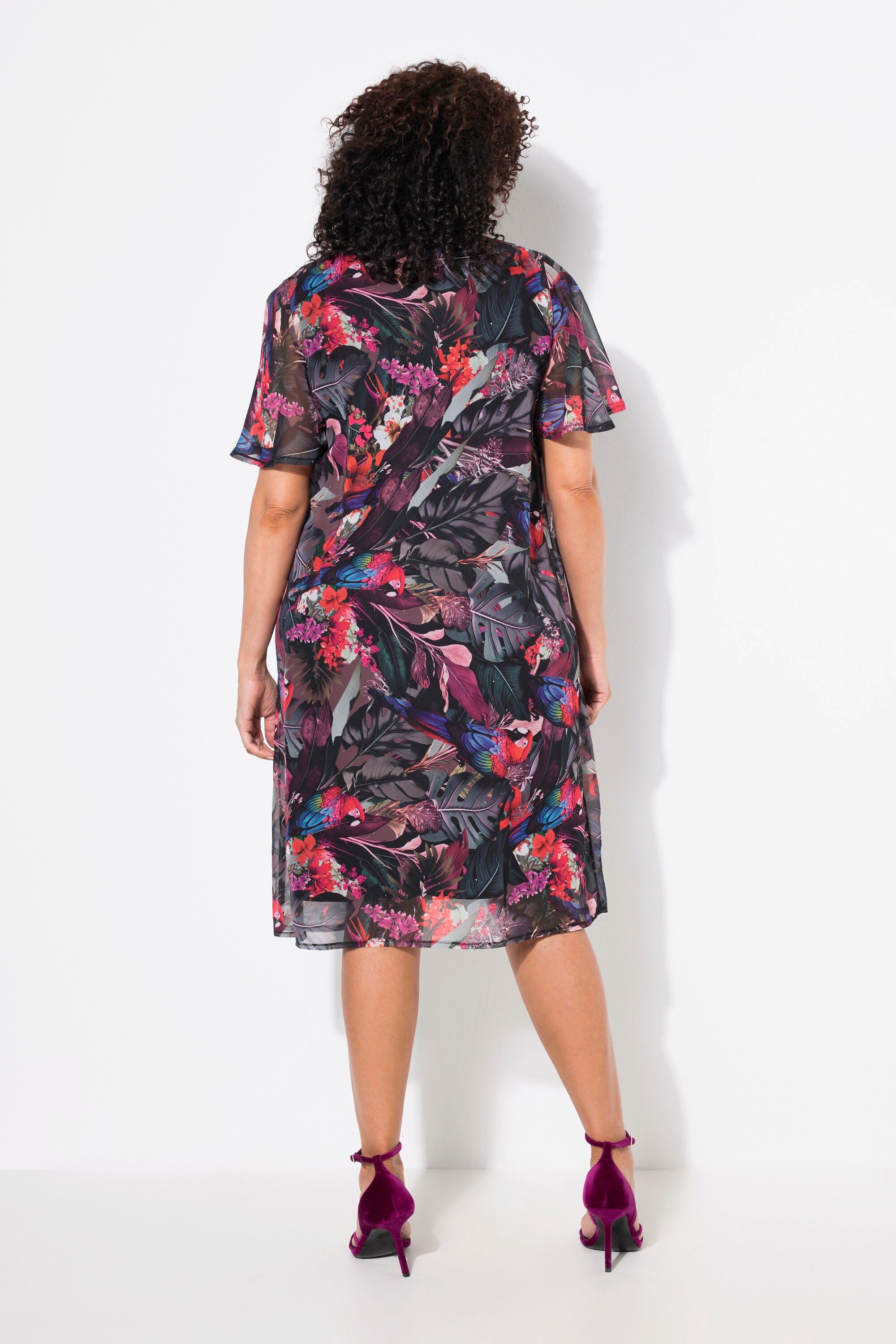 Ulla Popken Abendkleid Kleid Papageien A-Linie V-Ausschnitt
