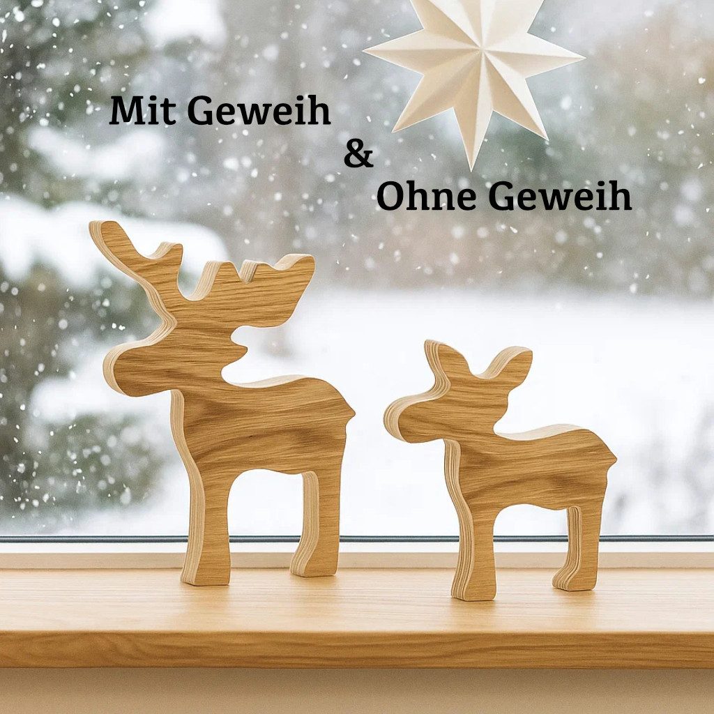 Kernholz Dekofigur Elch aus Holz mit Geweih (Eiche), Weihnachtsfigur - Dekofigur aus Holz - Eiche