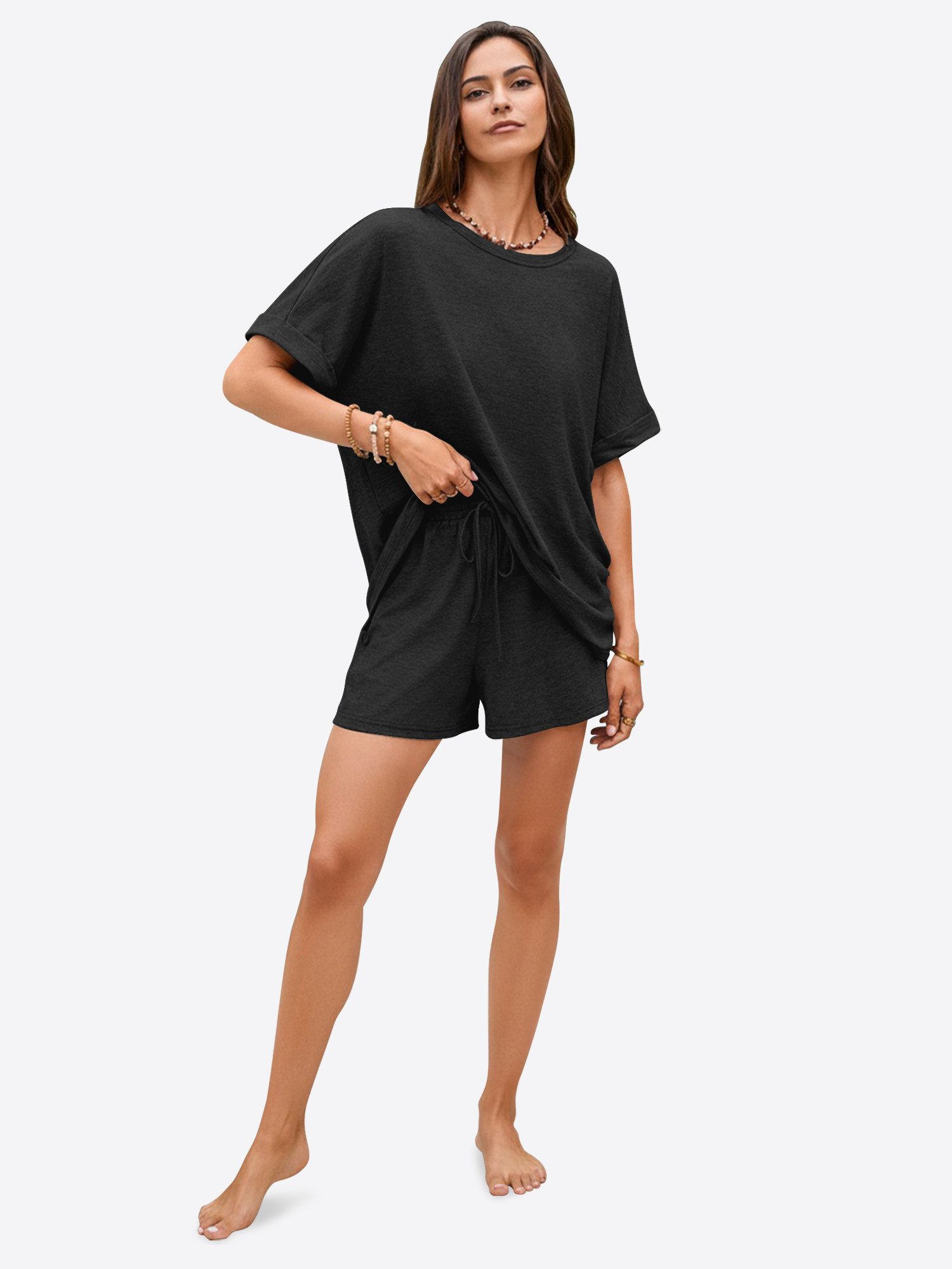 Imily Bela Hausanzug Damen 2-teilige Lounge-Sets (Set, 2 tlg., Oversized Kurzarm-T-Shirts + Shorts mit Kordelzug) einfarbig – Bild 4 von 5