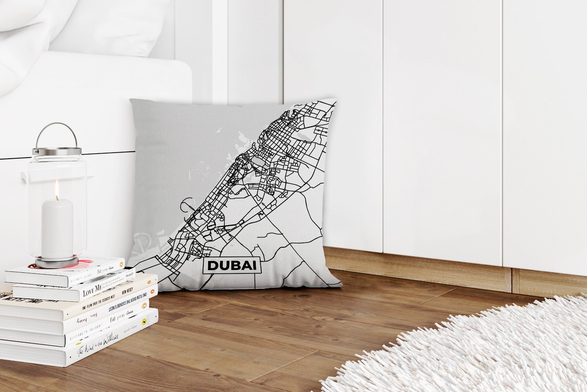 MuchoWow - Deko, Karte, Dekokissen - - weiß für Schlafzimmer, Zierkissen Schwarz Sofakissen Karte - und Stadtplan Füllung mit Dubai Wohzimmer,