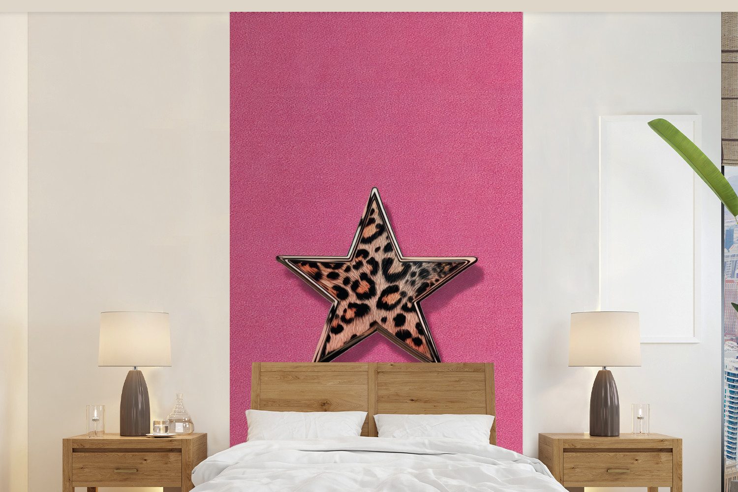 MuchoWow Fototapete Stern - Leopard - Druck - Rosa, Matt, bedruckt, Vliestapete für Wohnzimmer Schlafzimmer Küche, Fototapete, 120x240 cm