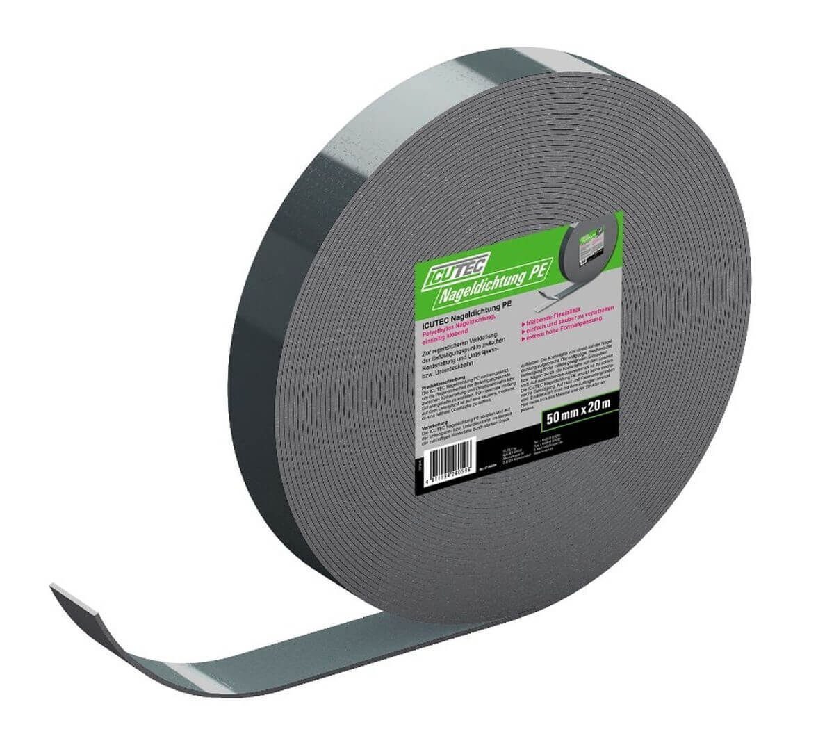 ICUTEC Nageldichtband 012 6059 Nageldichtung PE, 50 mm x 20 m Klebeband, grau, einseitig kle, (Set, einseitig klebend), einseitig klebend, flexibel, sehr hohe Formanpassung