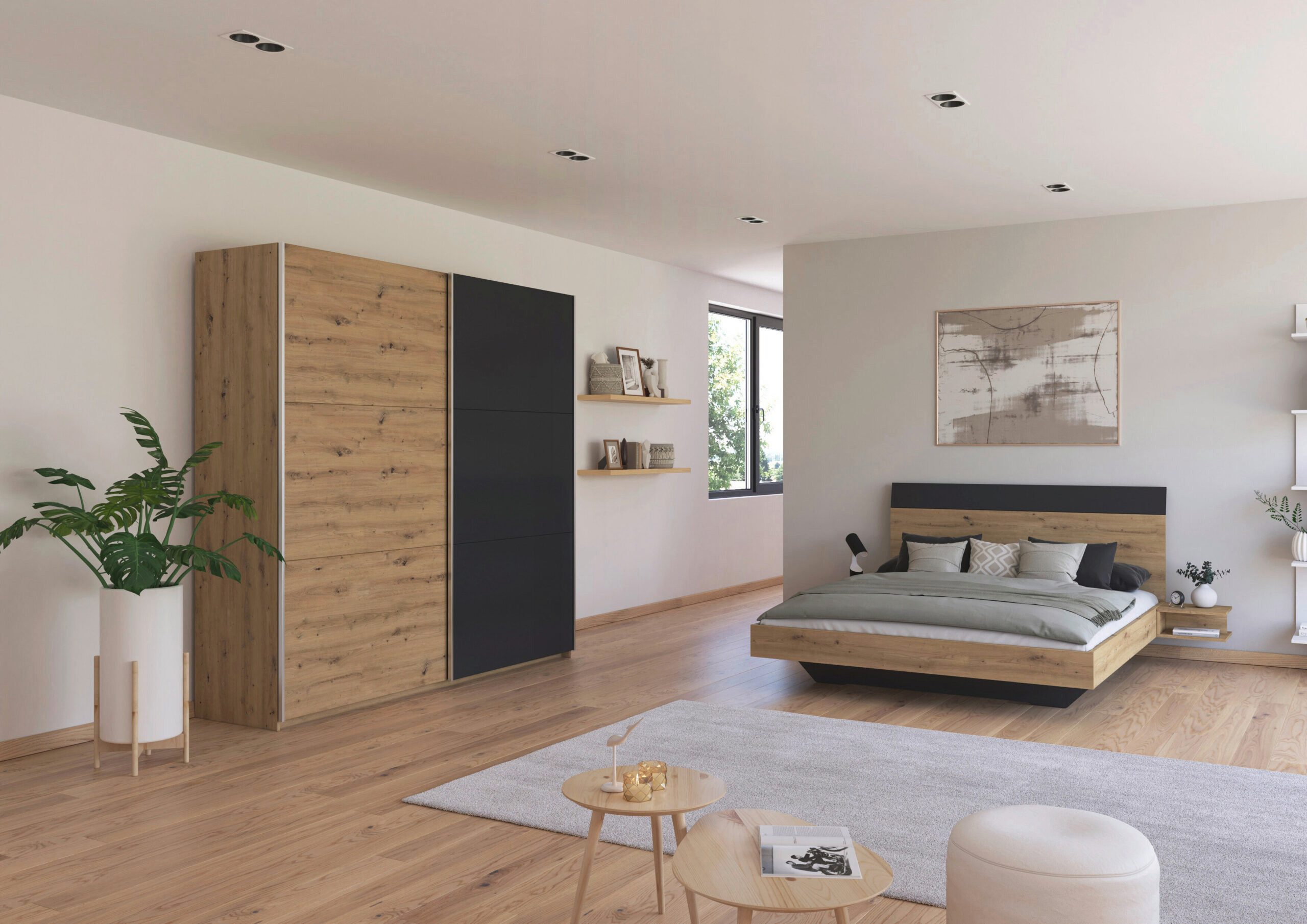 möbel-direkt.de Komplettschlafzimmer Monza im Dekor Eiche Artisan und Grau Metallic mit Schwebetürenschrank, (Komplett-Set, mit verschiedenen Bettgrößen wählbar), Made in Germany