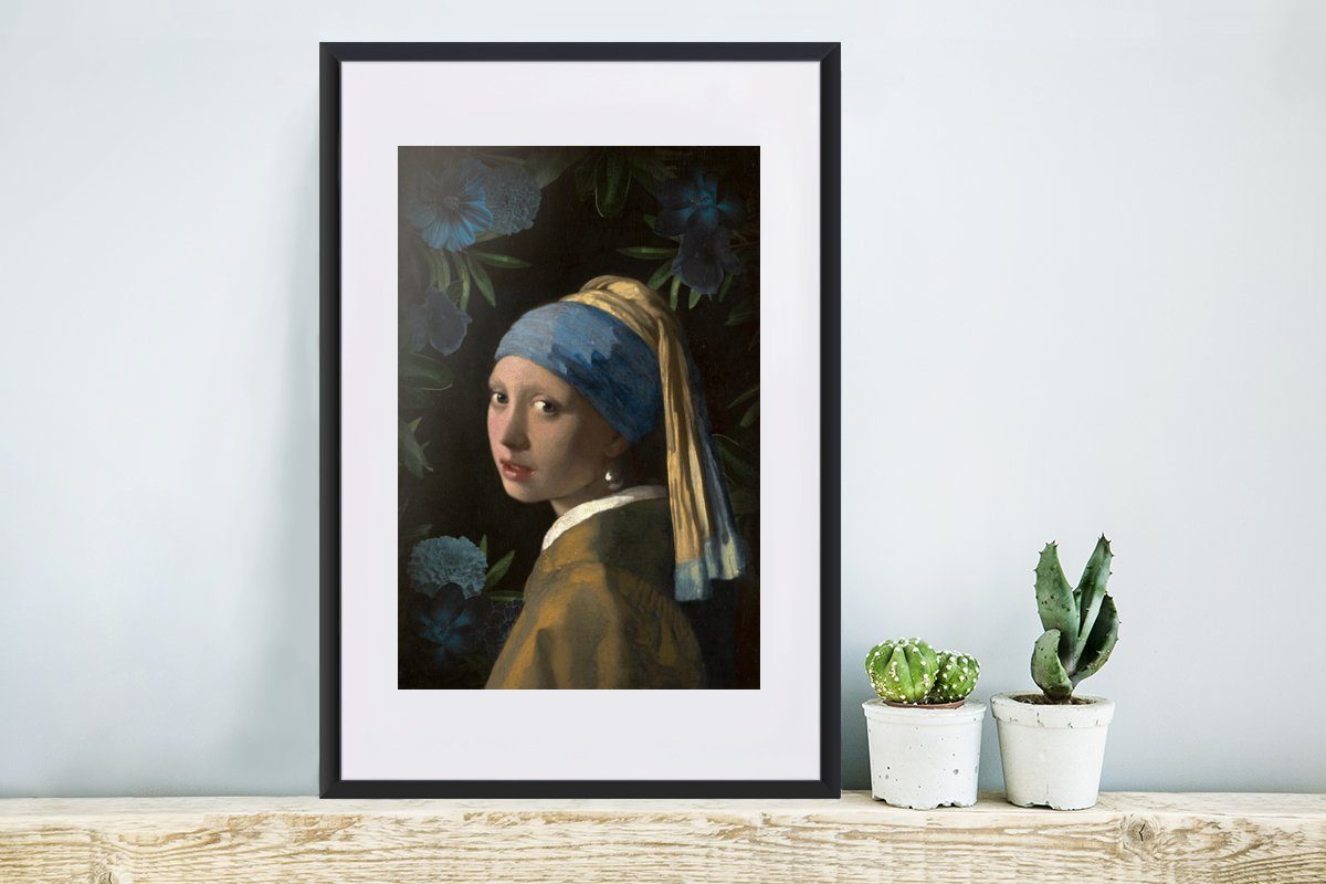 - St), Mädchen Gerahmtes dem MuchoWow Schwarzem - Blumen, (1 Poster Kunstdruck, mit Johannes Rahmen, Poster, Bilderrahmen mit Perlenohrring Vermeer Das