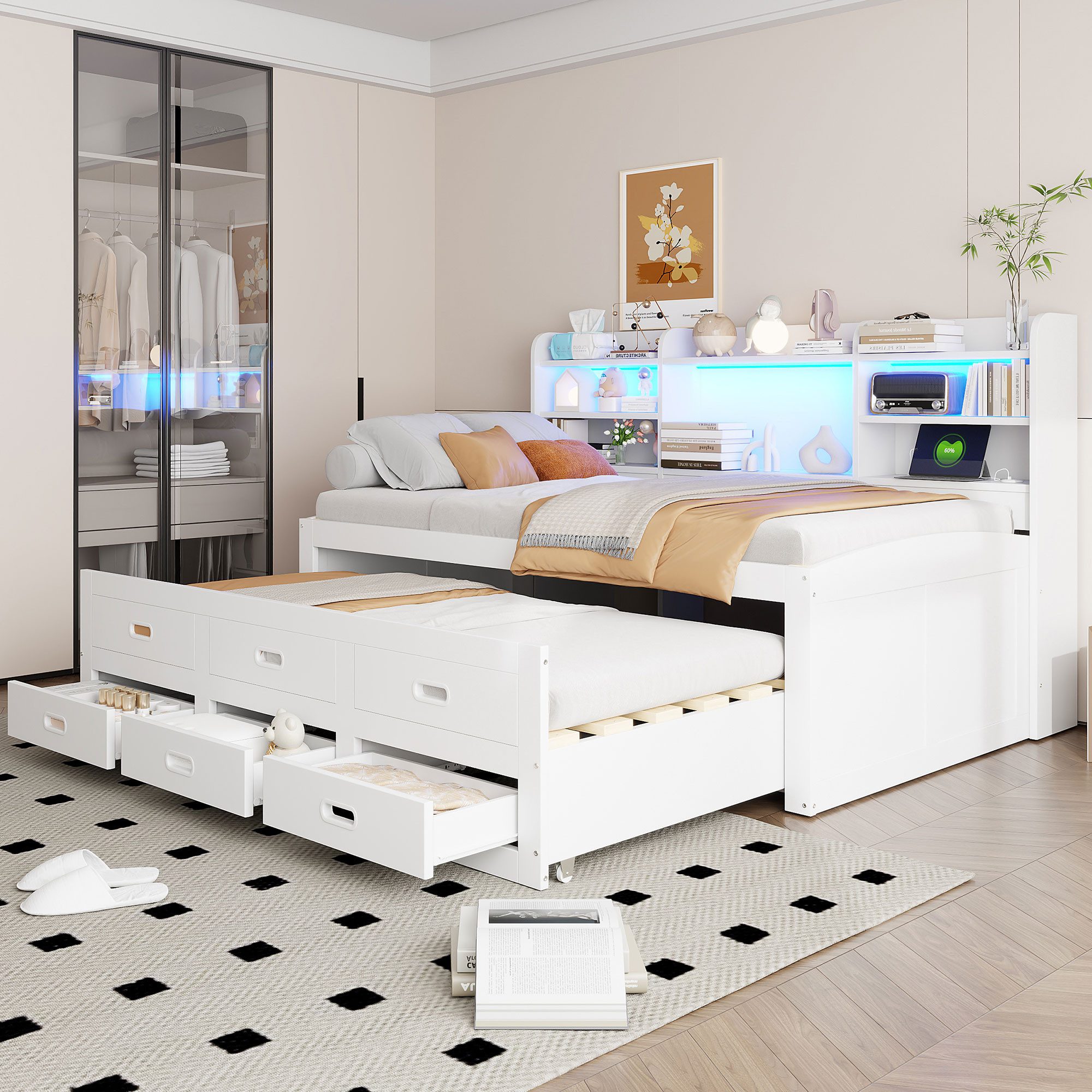 HAUSS SPOLE Schlafsofa 90 x 200cm mit Ausziehbett Led-fernbedienung, 3 schubladen, Weiß, 90x200 mit LED & 3 Schubladen, USB+Typ-C, Ausziehbett, ohne Matratze