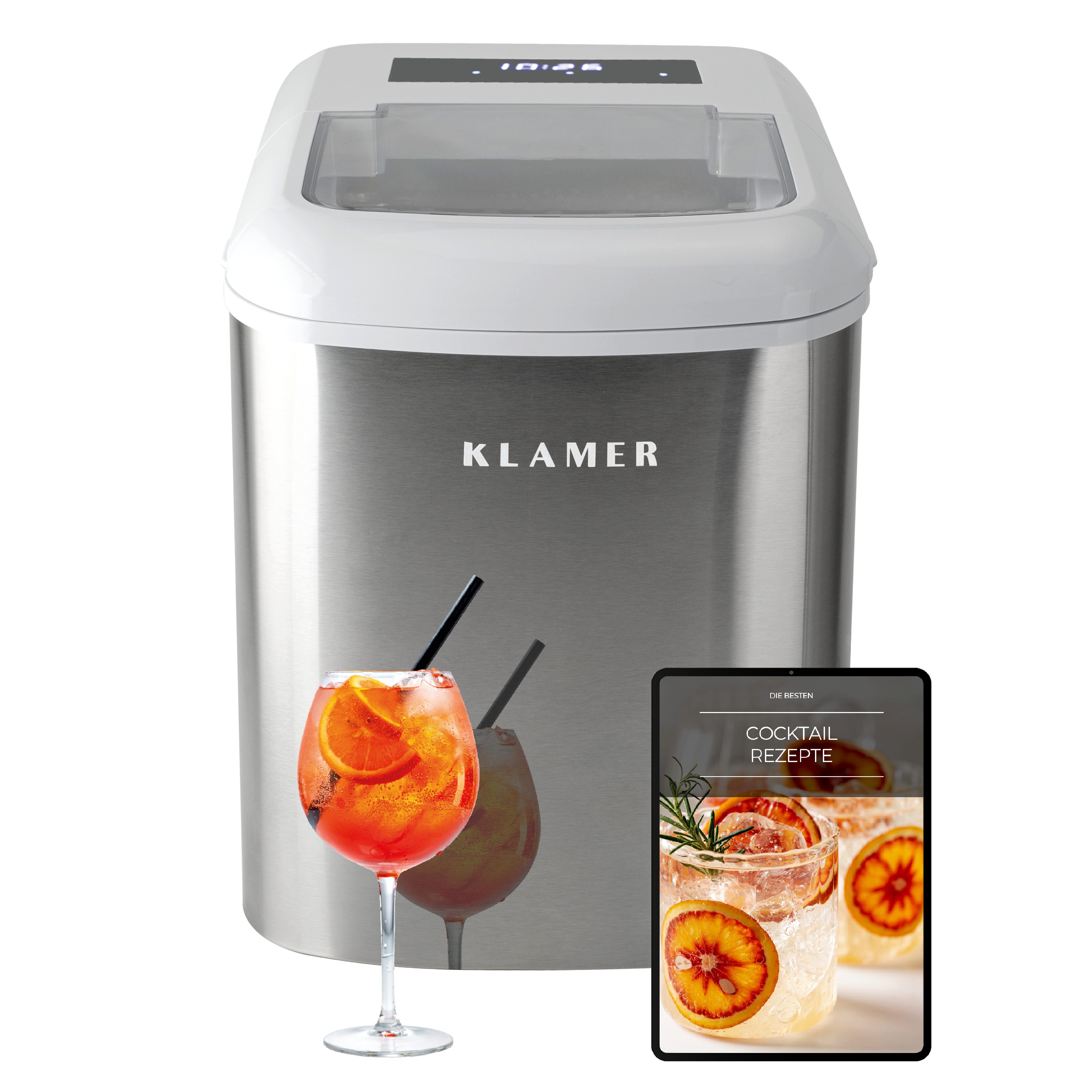 KLAMER Eiswürfelmaschine 10 Eiswürfel in 7-9 Minuten, 15 kg Eiswürfel pro Tag, 2 Eiswürfelgröß…, 120W, 2,1L Wassertank, Signallampe, Auto-Reinigung, mit Eisschaufel