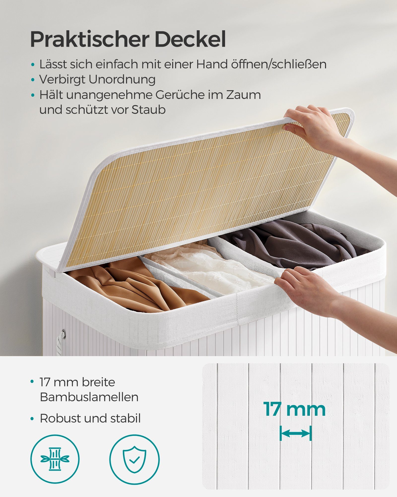 SONGMICS Wäschekorb 3 Fächer, 150 L Wäschesammler mit Deckel, Wäschebox Bambus, faltbar, Wäschesack herausnehmbar maschinenwaschbar, Waschküche