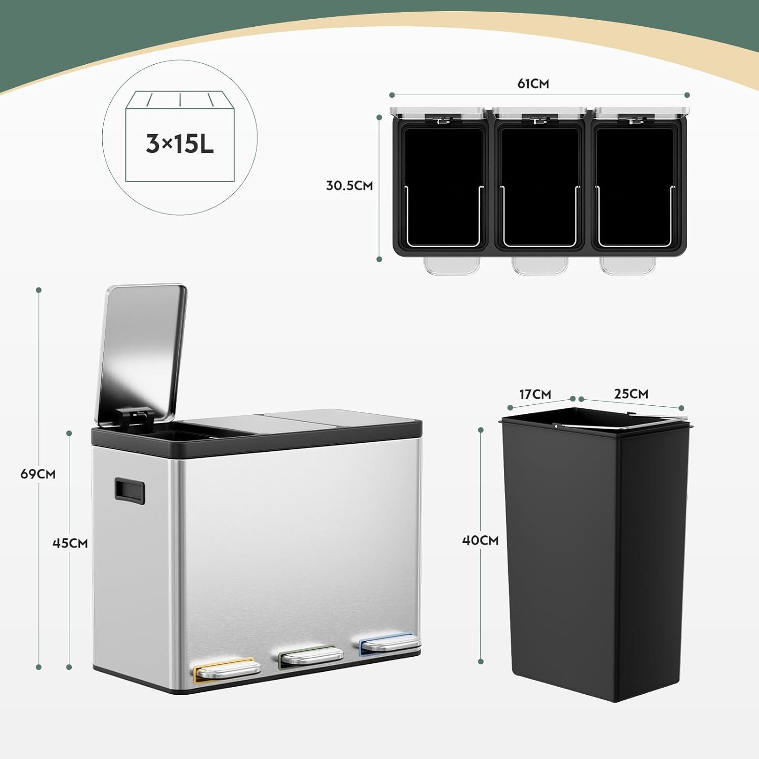 TLGREEN Mülltrennsystem 3×15L aus Stahl,Mülleimer 3 Fächer mit Soft-Close-Deckeln,Abfalleimer mit Herausnehmbare Inneneime – Bild 3 von 5