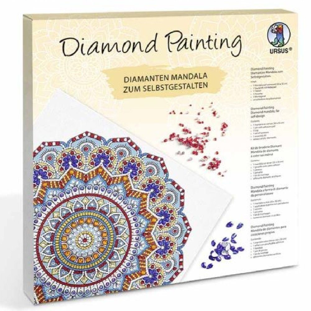 URSUS Kreativset Diamond Painting Mandala (Diamanten-Mandala, rot-blau-gelb mit zum selbstgestalten, allem Zubehör) notwendigen