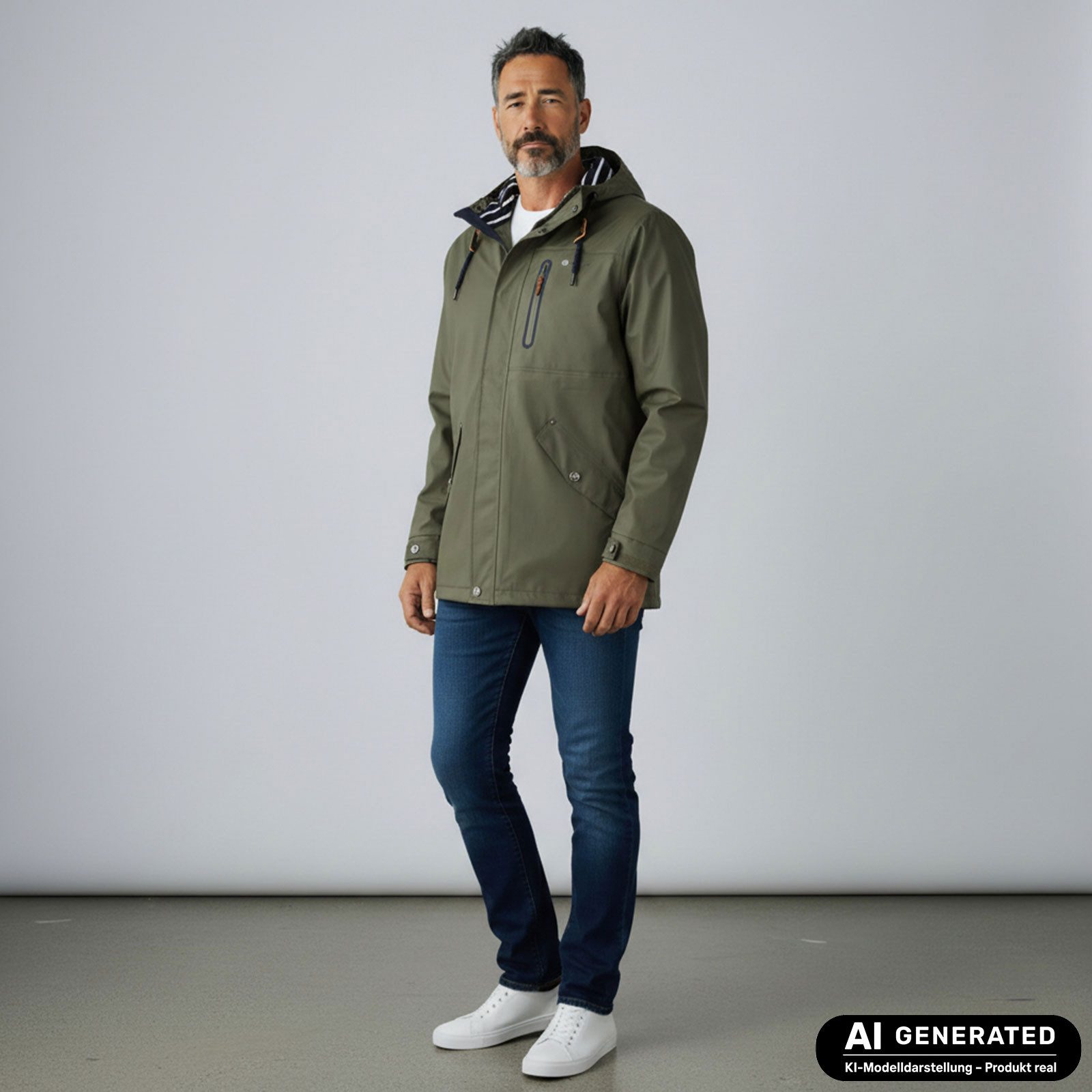 Dry Fashion Regenjacke Lübeck Herren PU-Parka - Outdoor-Jacke Mantel Wasserdicht & Winddicht Verschweißte Nähte, Verstellbare Kapuze, Abgedeckter Reißverschluss