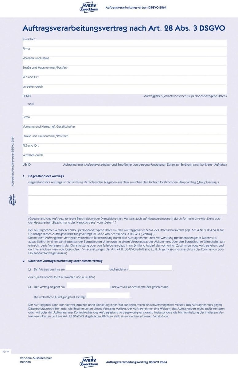 Formularblock Auftragsverarbeitungsvertrag A4 4-seitig.