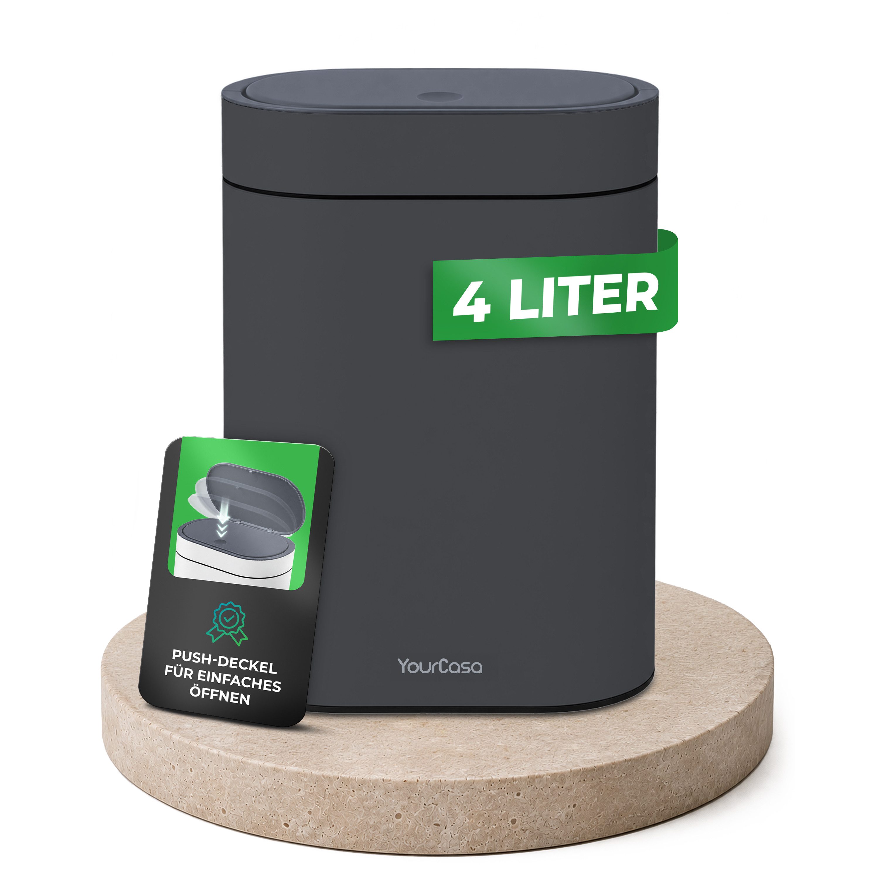YourCasa Mülleimer Badezimmer Mülleimer 4L mit Deckel, Kosmetikeimer Bad, Push-Deckel, herausnehmbare Inneneimer, pulverbeschichtete Stahlgehäuse