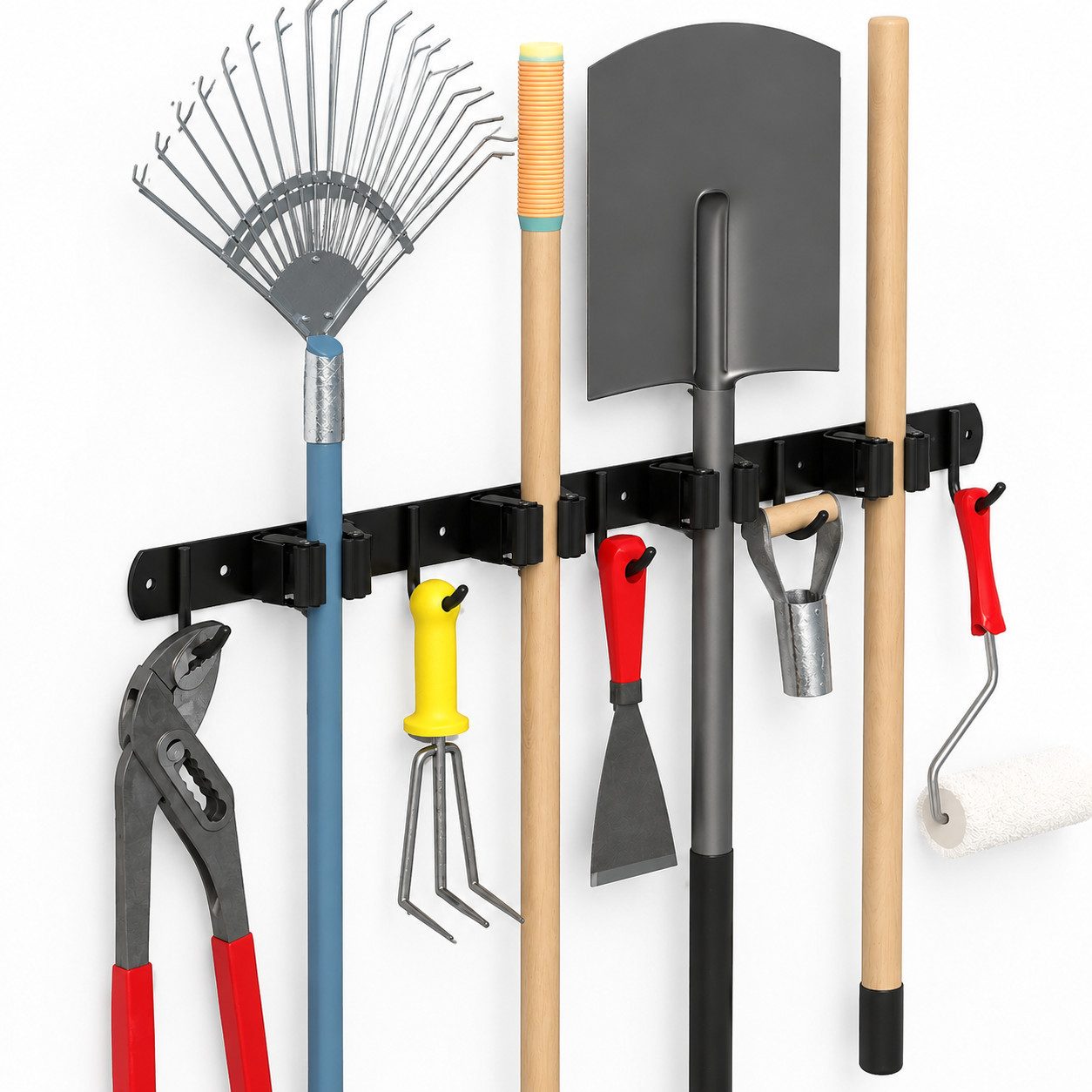 Toomoke Gartengerätehalter Gartengerätehalter Wandhaken Besenhalterung mit 4 Halter und 5 Haken, (für Besen, Mopps und Gartengeräte., 49cm*3cm,Wandhalterung,Edelstahl,platzsparend)