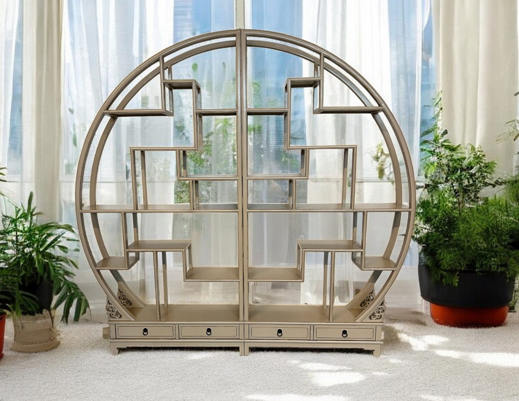 OPIUM OUTLET Wandregal Chinesisches Rundregal Eckregal offener runder Schrank Vitrine, aus Holz, Breite 206 cm, Höhe 198 cm, Tiefe 25 cm, Asiatischer Raumteiler, orientalisches Bücherboard, Vintage-Stil