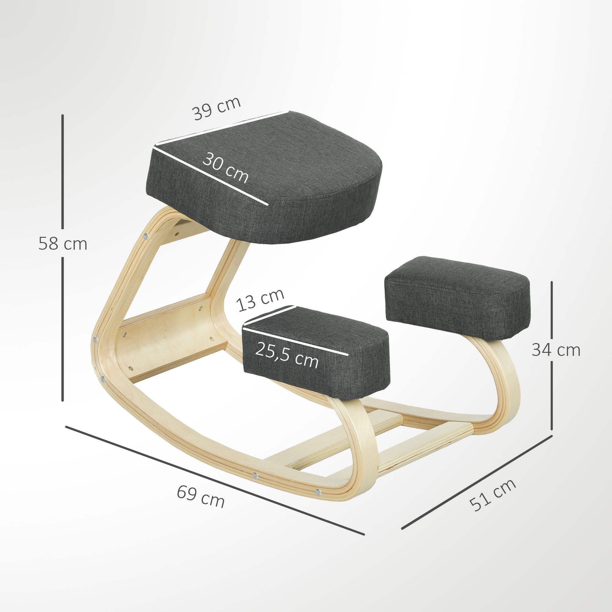 Vinsetto Stuhl Kniehocker für Zuhause, Büro (Gesundheitsstuhl, 1 St), Ergonomischer Kniestuhl aus Birke, Sitzhöhe verstellbar