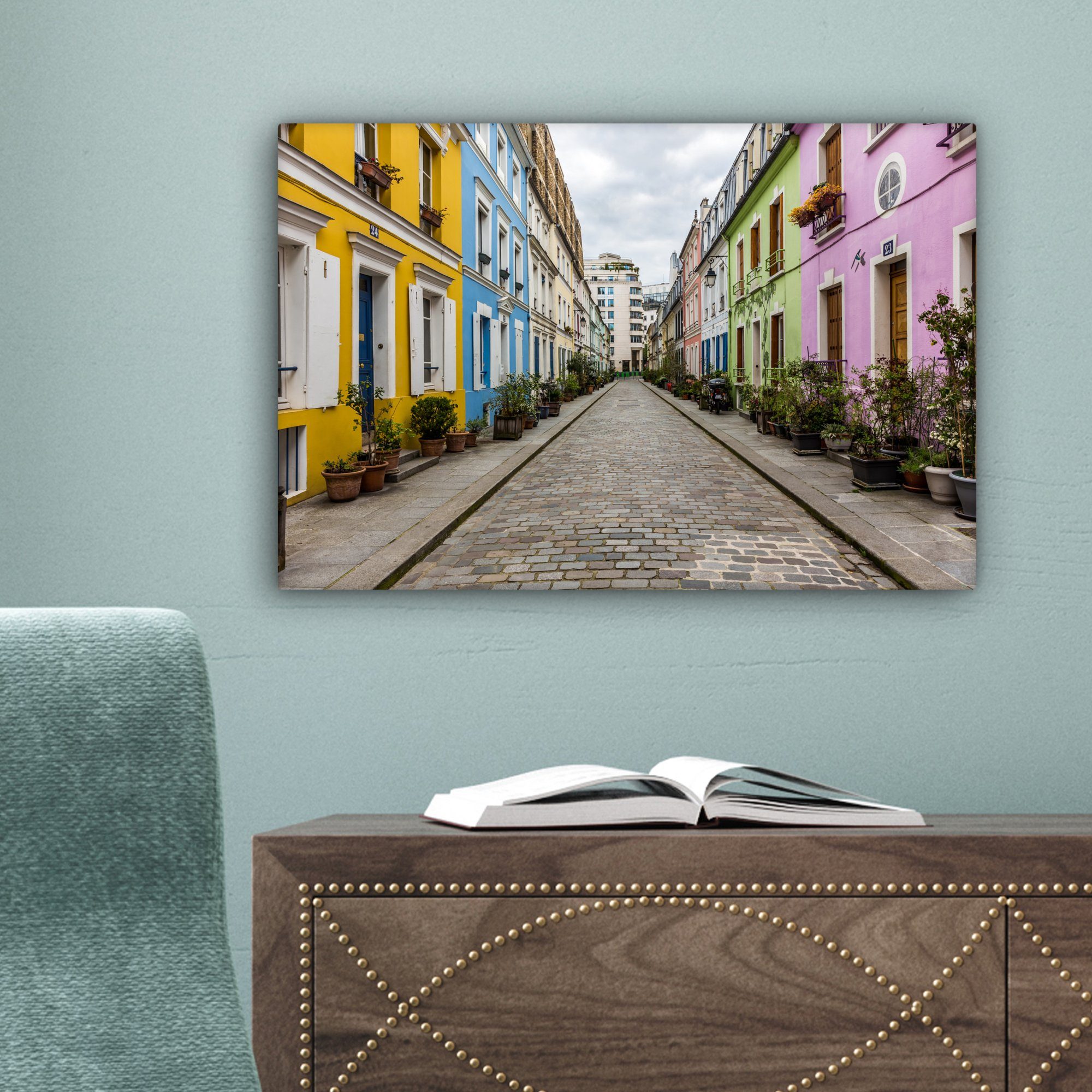 cm 30x20 Wanddeko, Leinwandbilder, St), (1 Pastellfarbene Leinwandbild Paris, Wandbild in Straße OneMillionCanvasses® Aufhängefertig,