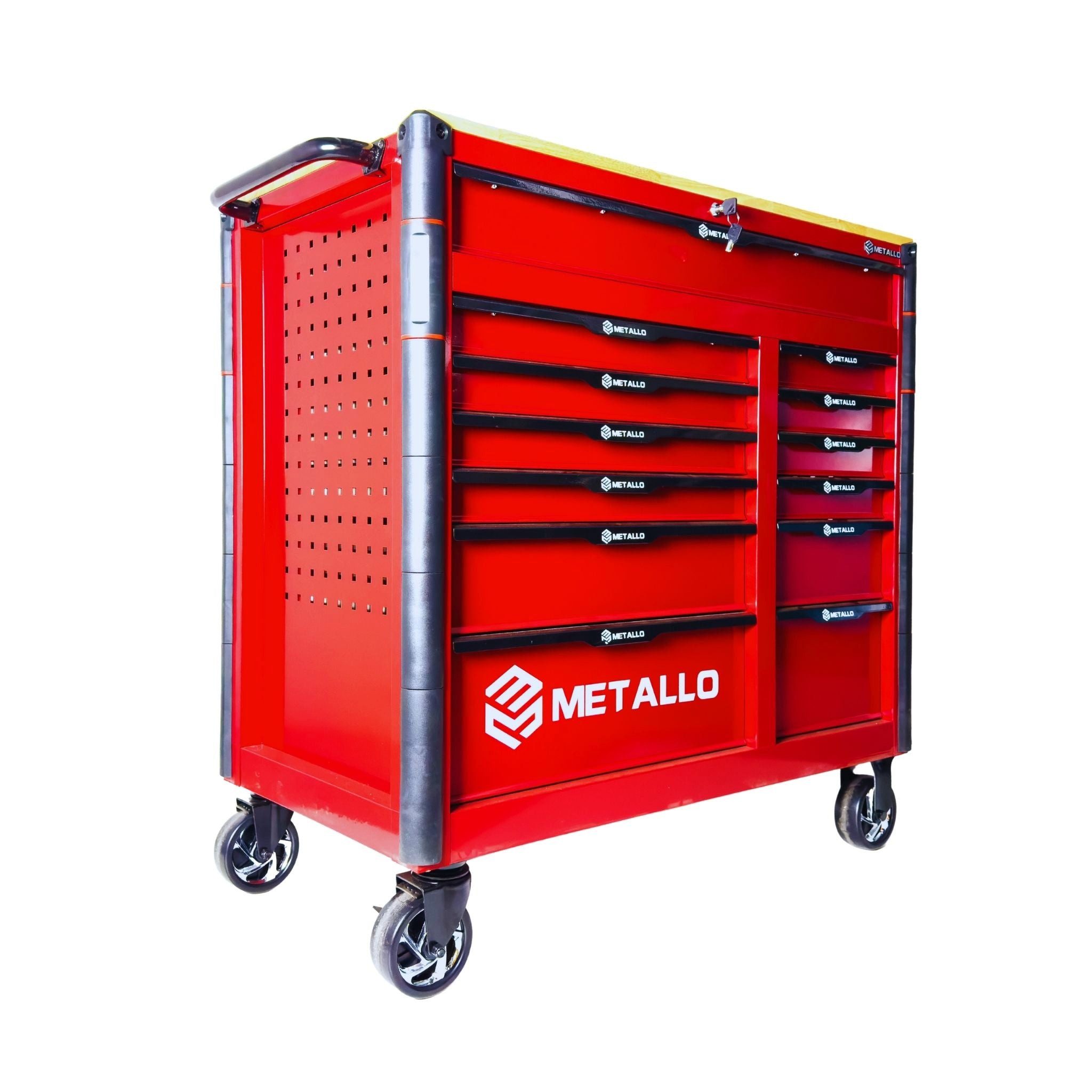 Toolcar Werkzeugwagen Werkstattwagen XXL, befüllt bestückt gefüllt mit Werkzeug, Holzplatte, abschließbar, kugelgelagerte Rollen, Chrom-Vanadium-Stahl, stabil, max. Traglast:35 kg, 457-tlg. Werkzeugset, (Umfangreich bestückt: Steck/Ratschen, Torx, Schraubendreher, Zangen, 457-tlg., Profi-Setup: Ratschen 1/4–1/2", lange Nüsse,T-Griffe, Schraubendreher), Extra-Stauraum seitlich, obere Schublade, ergonomischer Griff