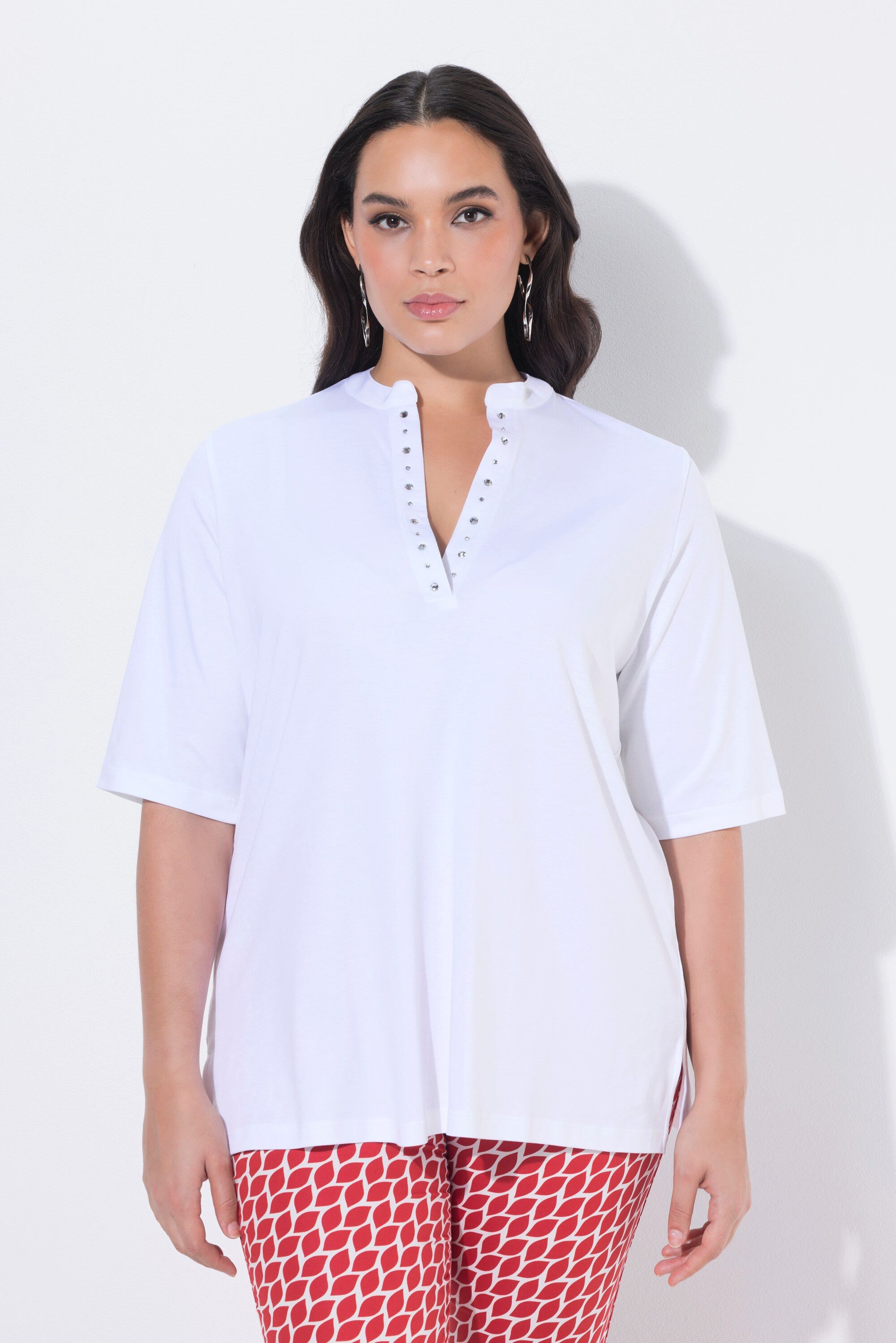 Ulla Popken T-Shirt T-Shirt Ziersteine Stehkragen Halbarm Pima Cotton günstig online kaufen
