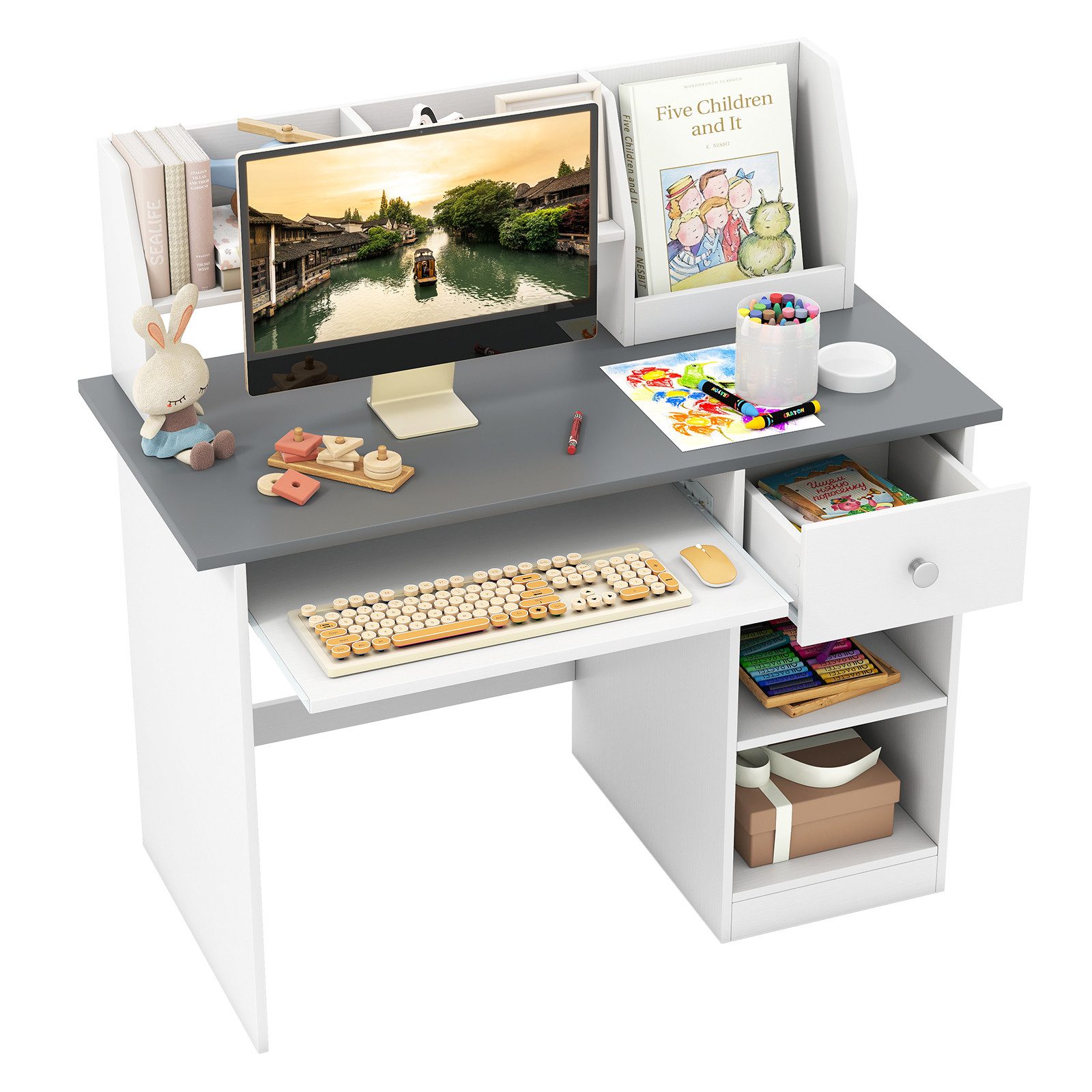 COSTWAY Kinderschreibtisch, mit Schublade, Bücherregal & Tastaturablage günstig online kaufen