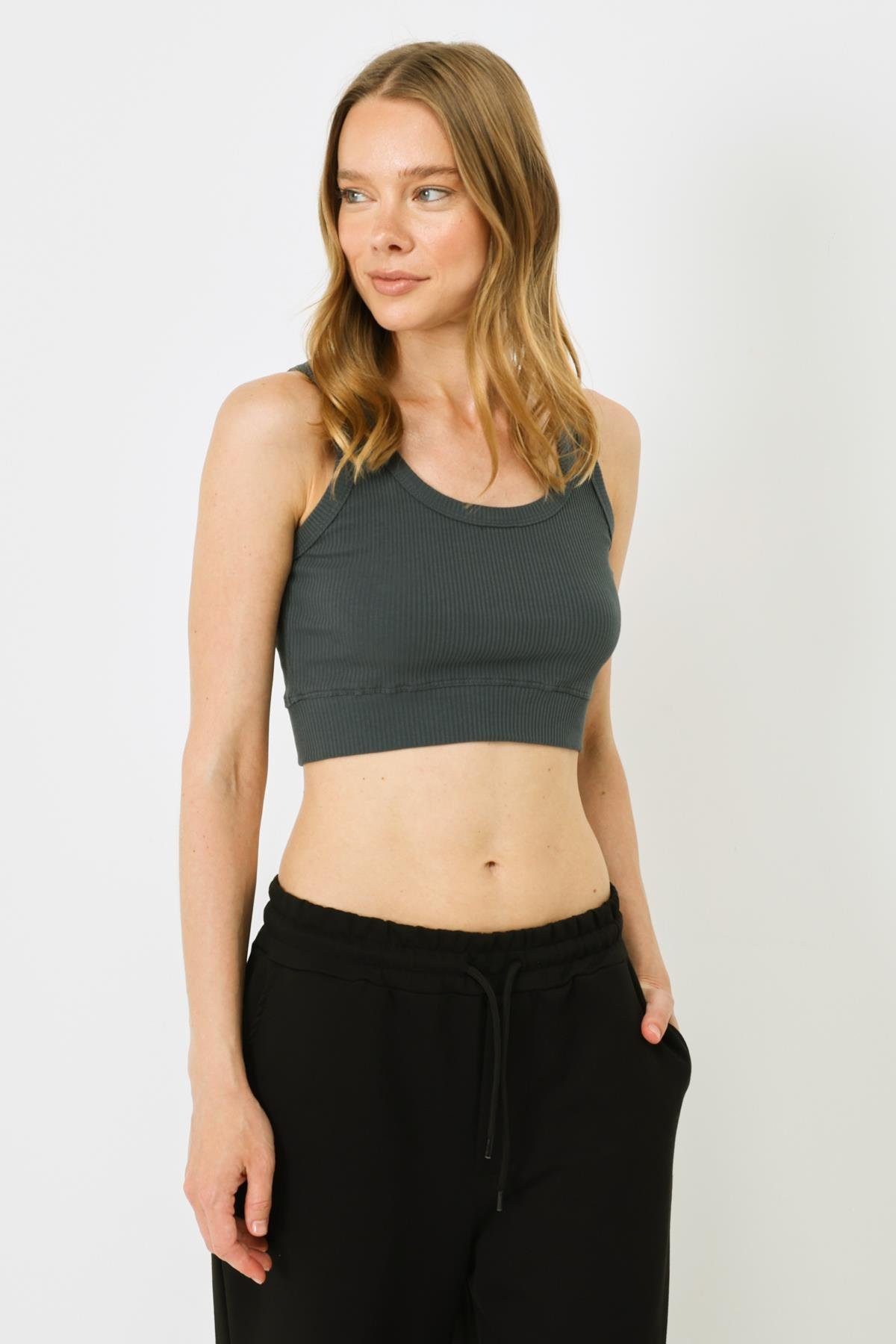 Body Damen Geripptes Crop Stretch Strick Tank Top