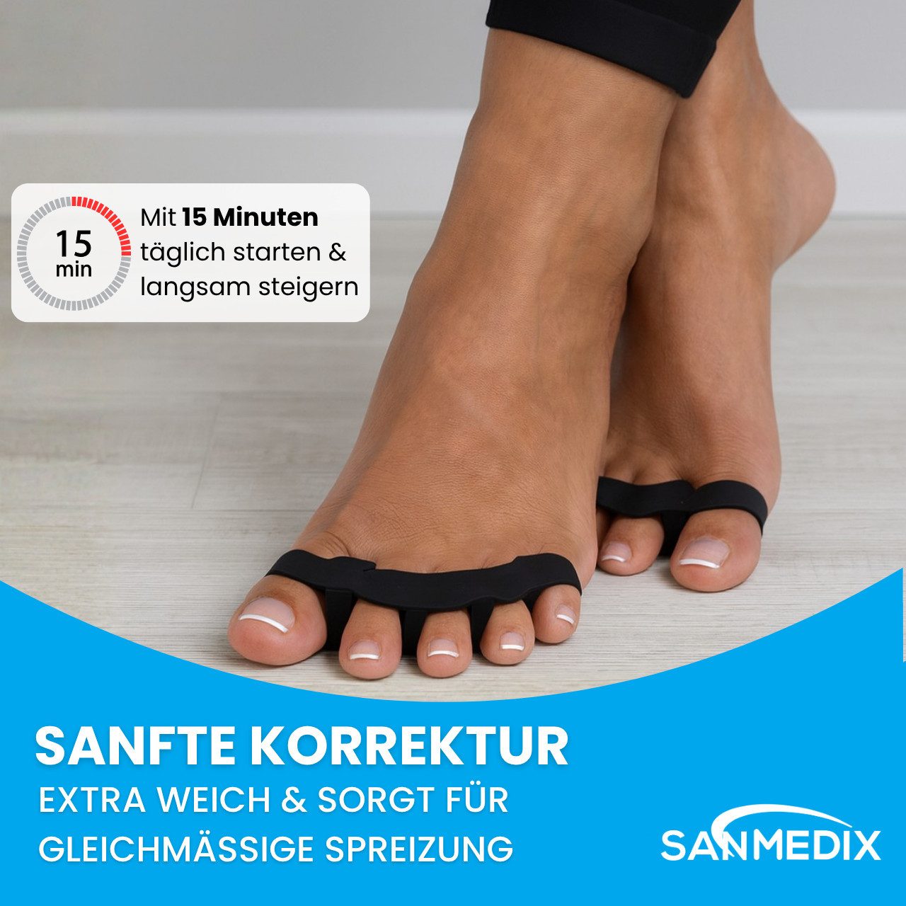 Sanmedix Zehenspreizer für alle Zehen - Zehentrenner aus Silikon für Damen & Herren, 2 Paar / 4 Stück, Zehenstrecker Korrektur Set gegen Hallux Valgus, Ballenzehen uvm.