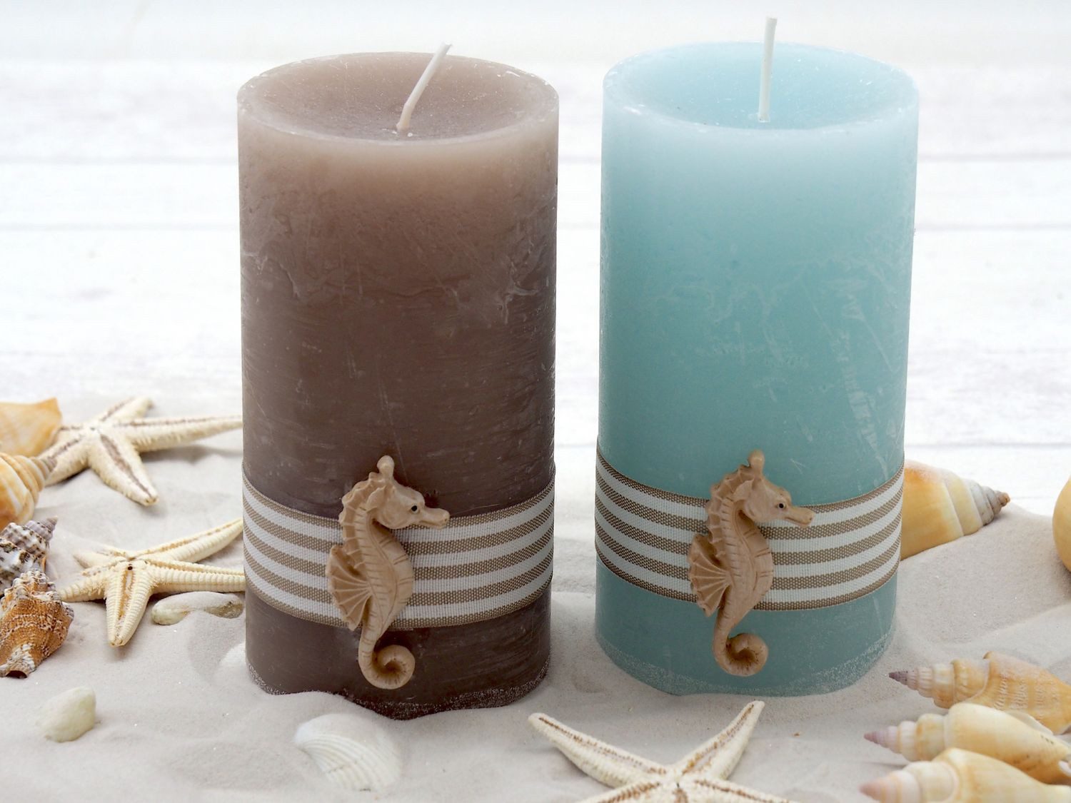 ZauberDeko Rustic-Kerze Stumpenkerzen Taupe Mint Seepferdchen günstig online kaufen